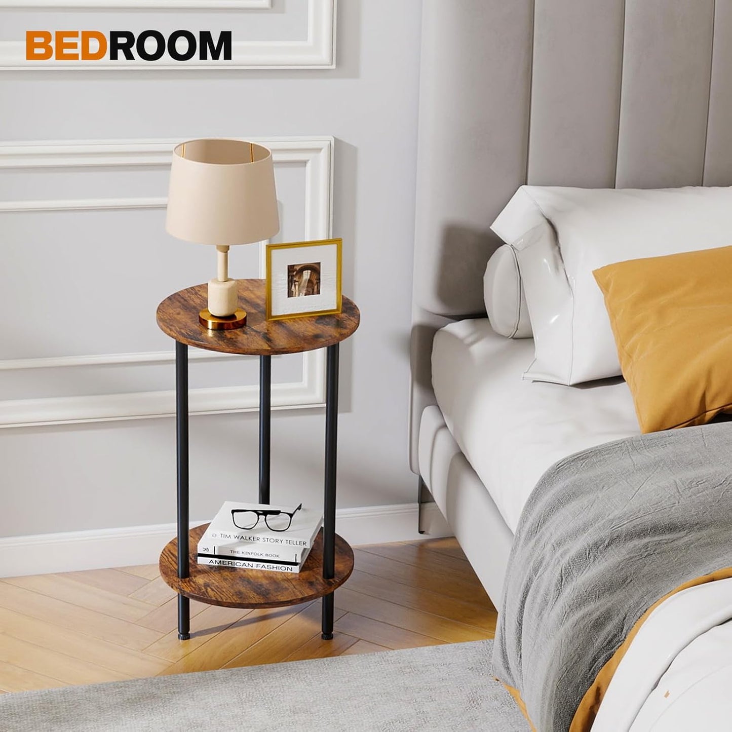 Round Side Table Set of 2, 2-Tier End Table, Small Round Nightstands with Storage, Modern Accent/Bedside Table for Living Room, Bedroom-Brown