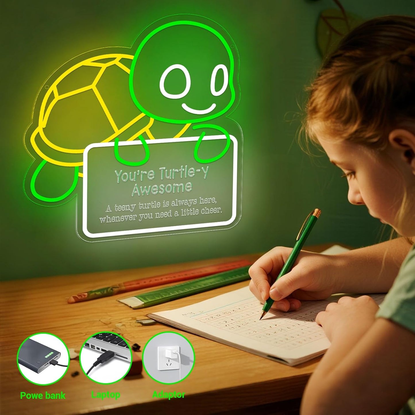 You're Turtle-y Awesome Neon Sign for Wall Decor, Inspirational Small Animals Cute Stuff Things, Handmade Emotional Positive Animals Wall Art Gifts for Men Women Teens (Yellow Turtle)