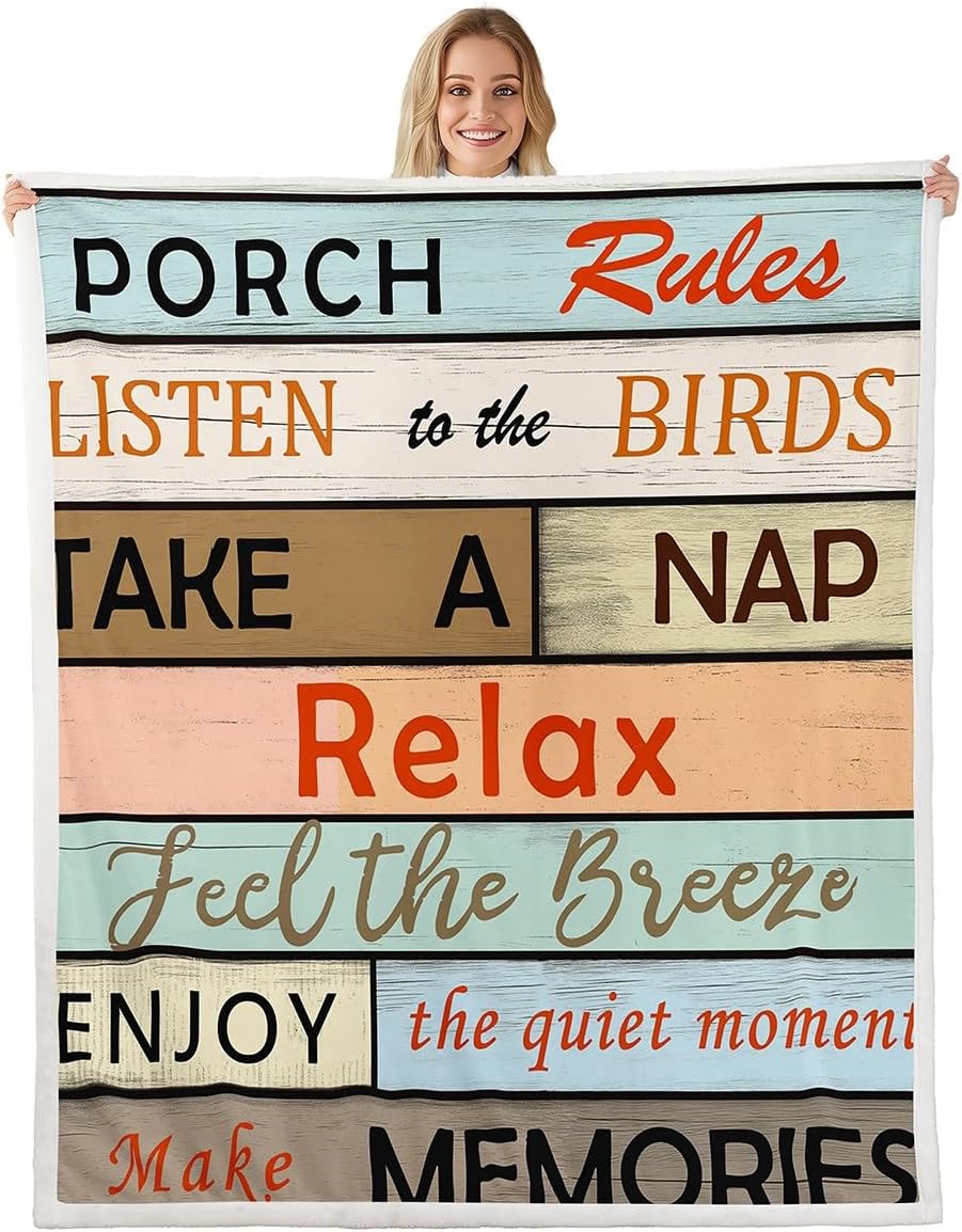 Porch Rules Sherpa Blanket Rustic Porch Rules Fleece Throw Blanket Farmhouse Wooden Stripes Plush Blanket Vintage Country Wooden Plank Fuzzy Blanket Retro Lodge Cabin Twin 60"x80"