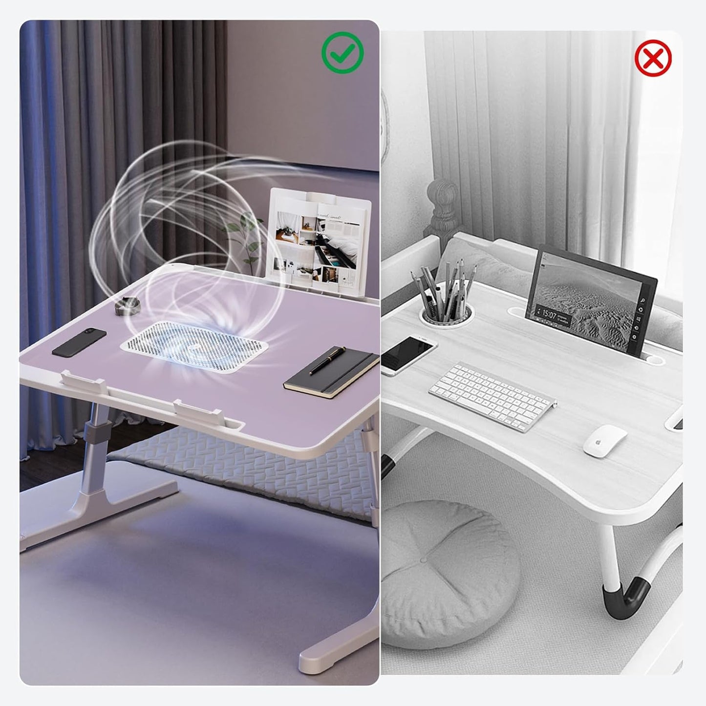 iXTRA Laptop Lap Desk Include Cooling Fan,Adjustable Lap Desk with Light Fan,Folding Laptop Desk for Bed with USB,Bed Desk with Storage Drawer 56x32cm,Purple