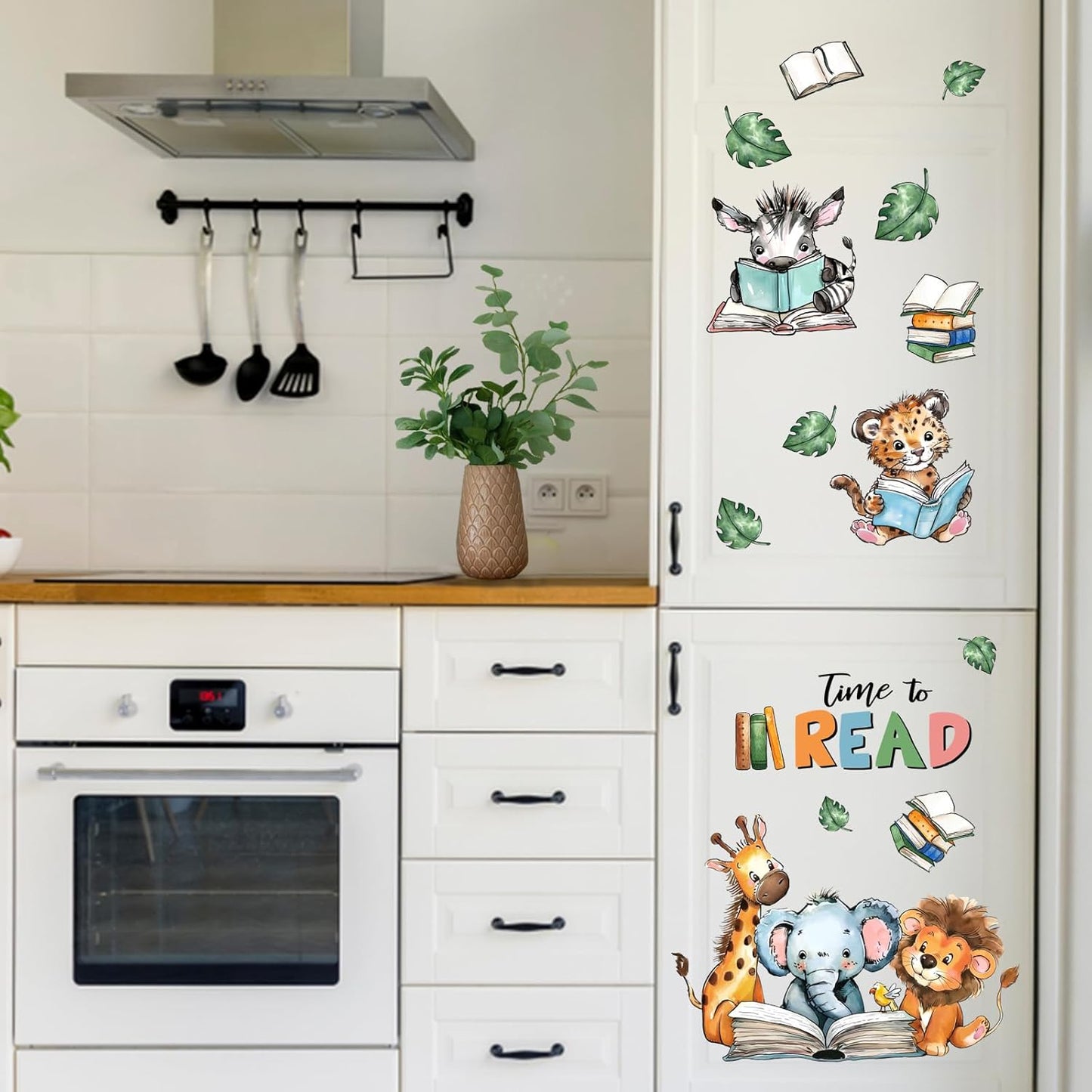 Mfault Time to Read Animal Book Wall Decals Stickers, Educational Elephant Lion Giraffe Nursery Decorations Classroom Bedroom Art, Zebra Leopard Plant Neutral Toddler Kids Reading Corner School Decor