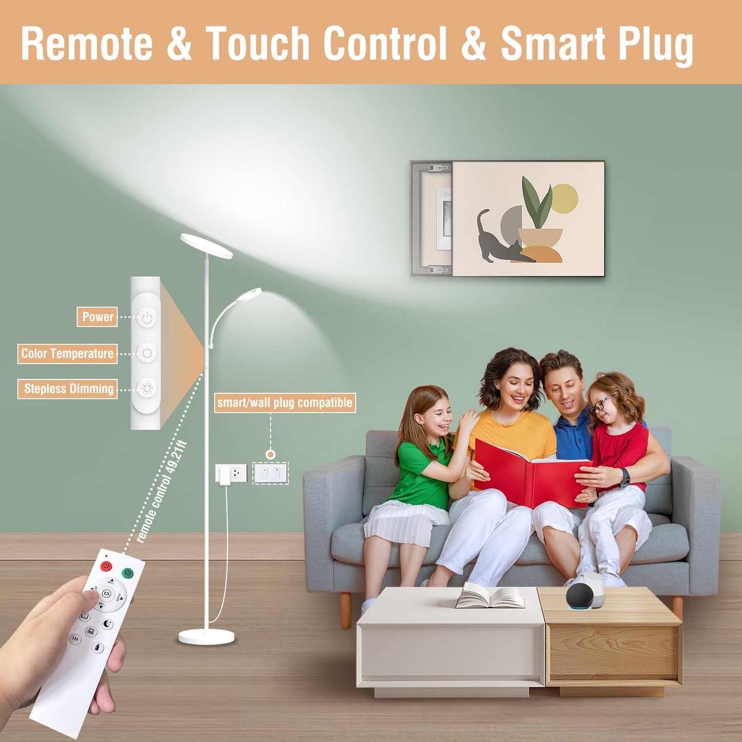 White Floor Lamp, 42W 4000LM Super Bright LED Room Lamp with Adjustable Reading Light,Dimmable Modern Standing Lamp with Remote & Touch Control for Room Bedroom Office Floor Light