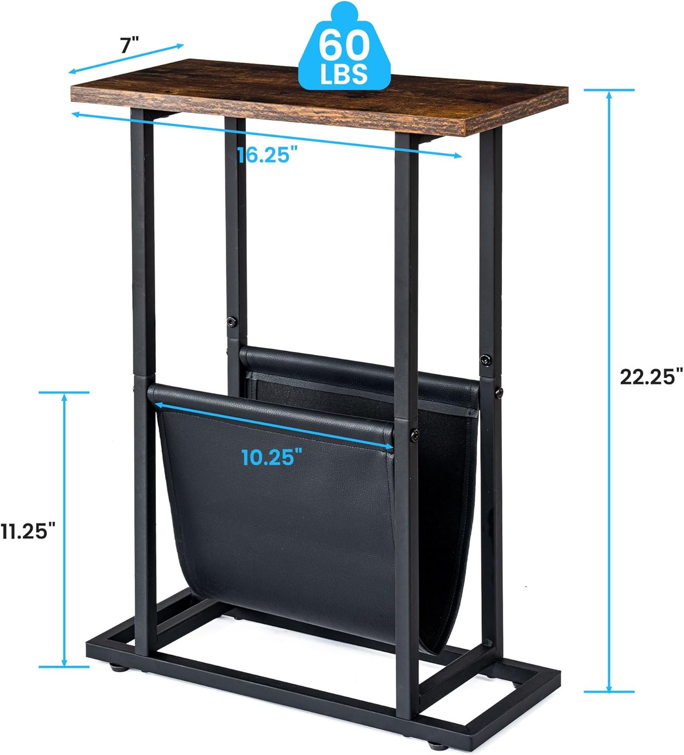 Narrow Side Table with PU Leather Magazine Holder Rustic Slim Little Thin Table for Living Room, Bedroom, Sofa, Rustic Brown