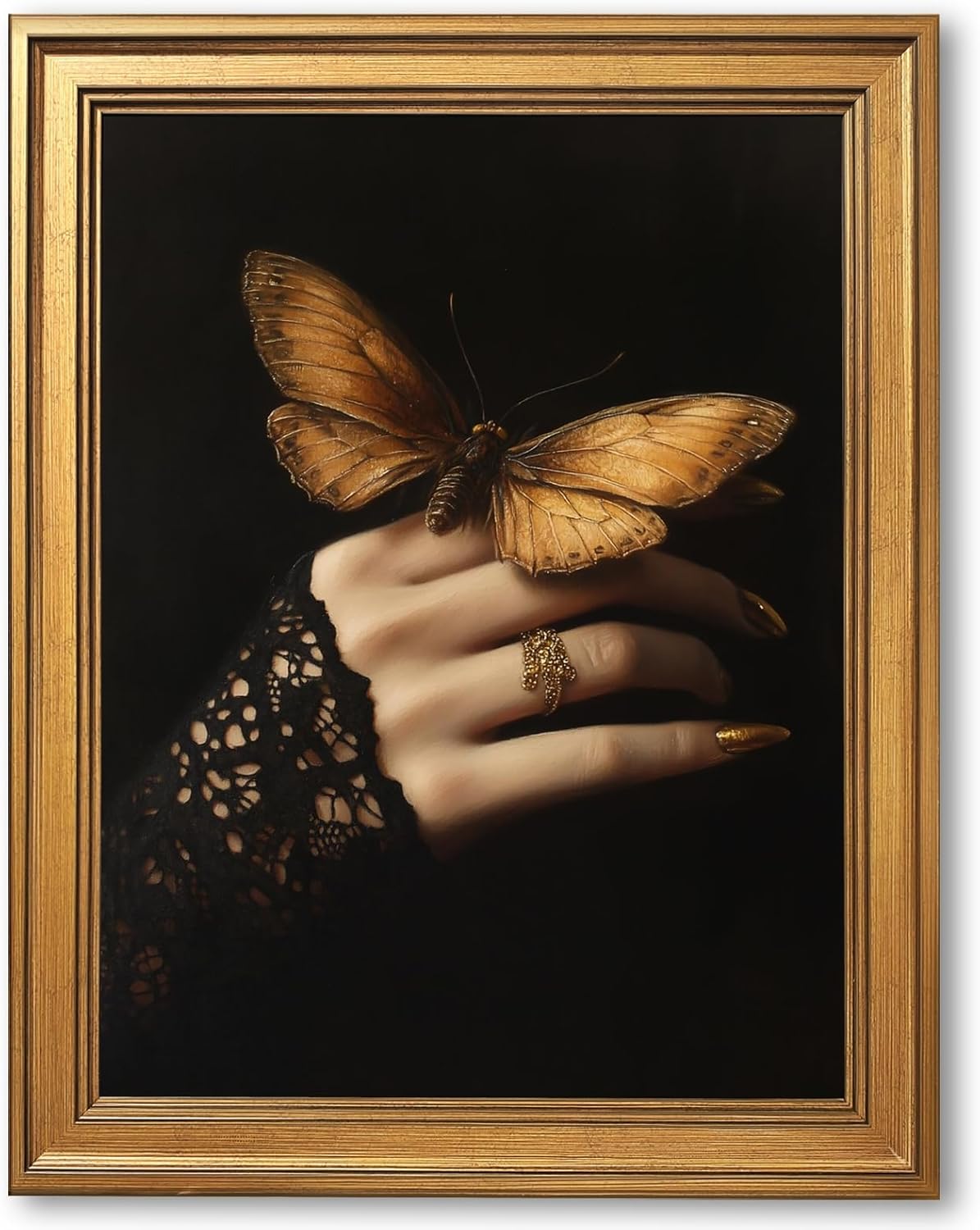 Large Framed Victorian Dark Romantic Canvas Wall Art Butterfly in Lace Hand Surreal Gothic Painting Poster Vintage Moody Elegant Darkness Lady Artwork Print for Bedroom Home Decor 24x36inch