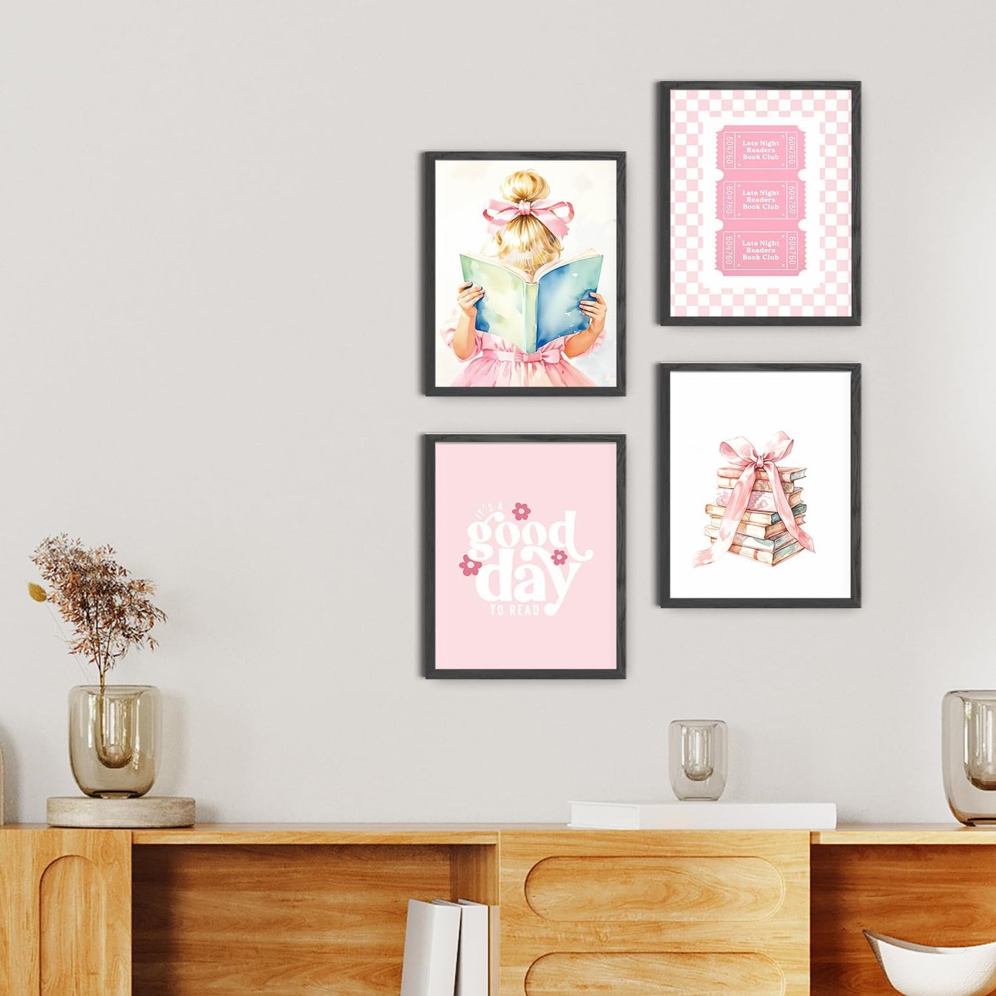 JINYO Coquette Pink Bow Book Wall Art Prints Set of 4, Reading Nook Corner Decor, Preppy Blonde Girl Book Ticket Wall Decor Posters Pictures for Library Reading Room Classroom, 8x10 Unframed