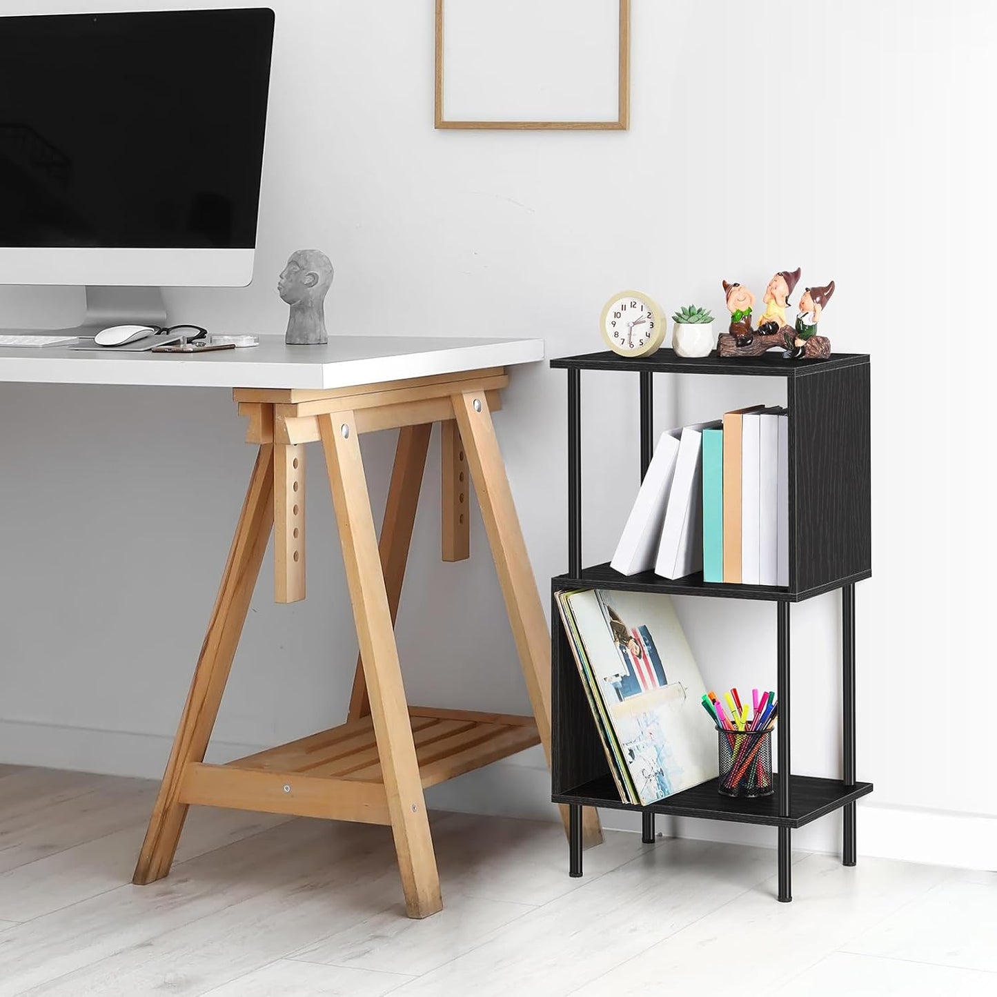 ETELI 3-Tier Side Table Small Tall S-Shaped End Table with Open Book Shelf Industrial Black S-Shaped Bookcase Bedside Table for Office Living Room Bedroom Home Corner