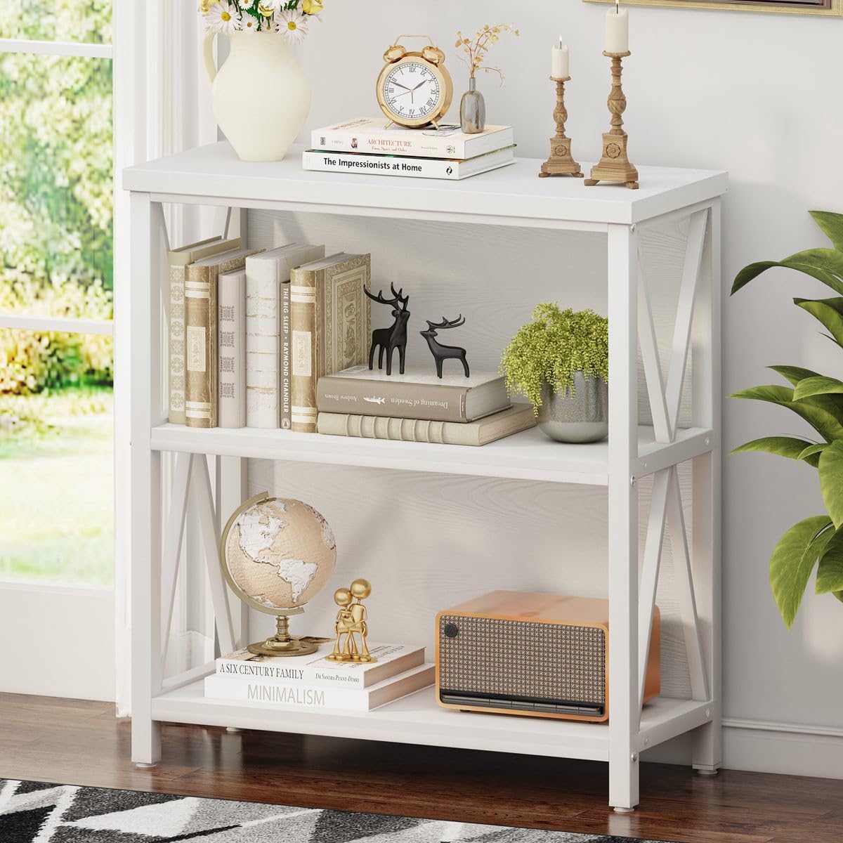 FATORRI Small Bookshelf for Small Space, Short Rustic Low Bookcase, Modern Wood and Metal Book Shelf and Narrow Book Case for Living Room, Hallway (White Oak)