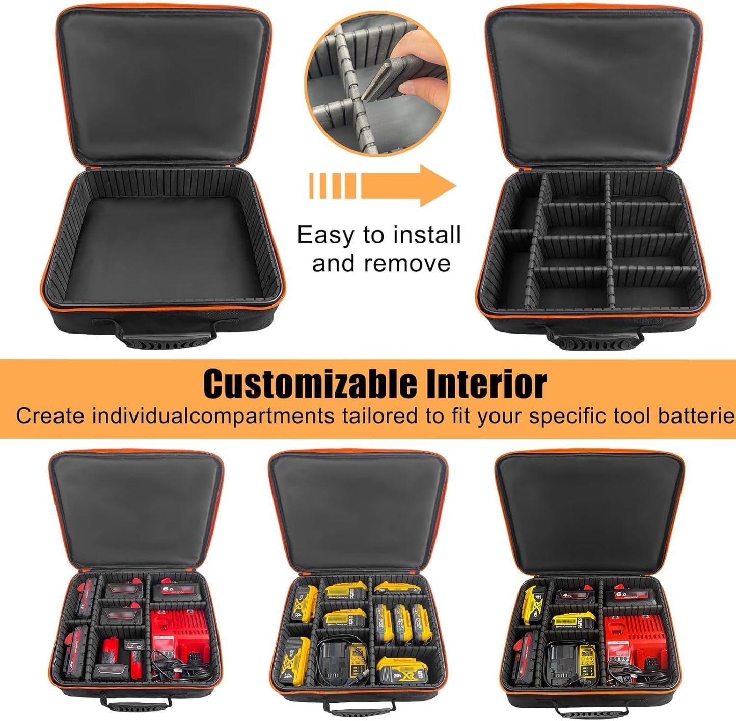 Extra Large Hard Tool Battery Carrying Case fits for Dewalt/Milwaukee/Makita 20V/60V/12V/18VBattery & Charger, Portable Power Tool Box Storage Bag with Adjustable Dividers for Accessories Organizer