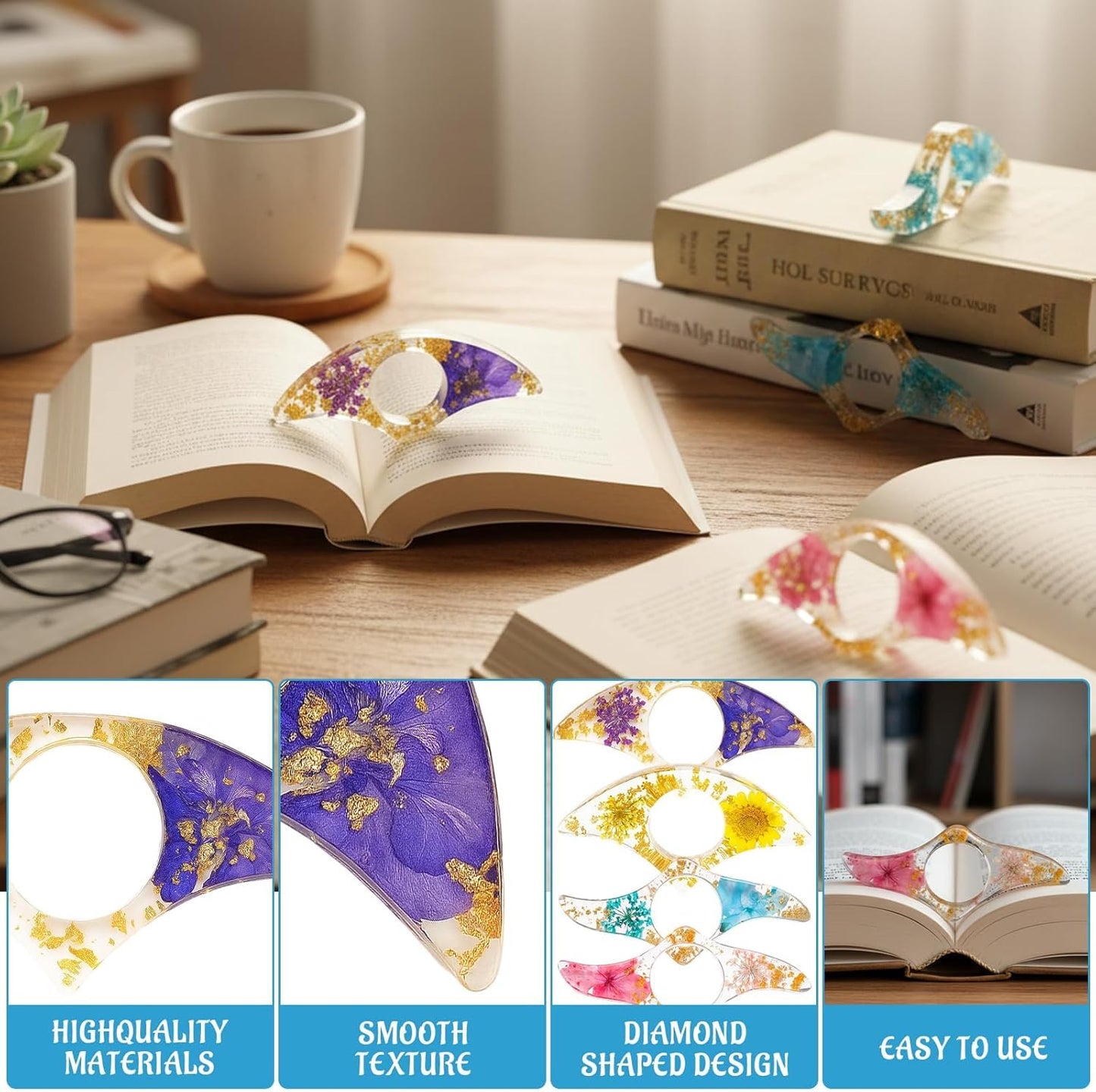 4 Pcs Book Page Holder for Reading, Dried Flower Resin Transparent Thumb Bookmark, Resin Book Page Holders for Reading,Pressed Flower Design, Lightweight Resin Page Holders for Books