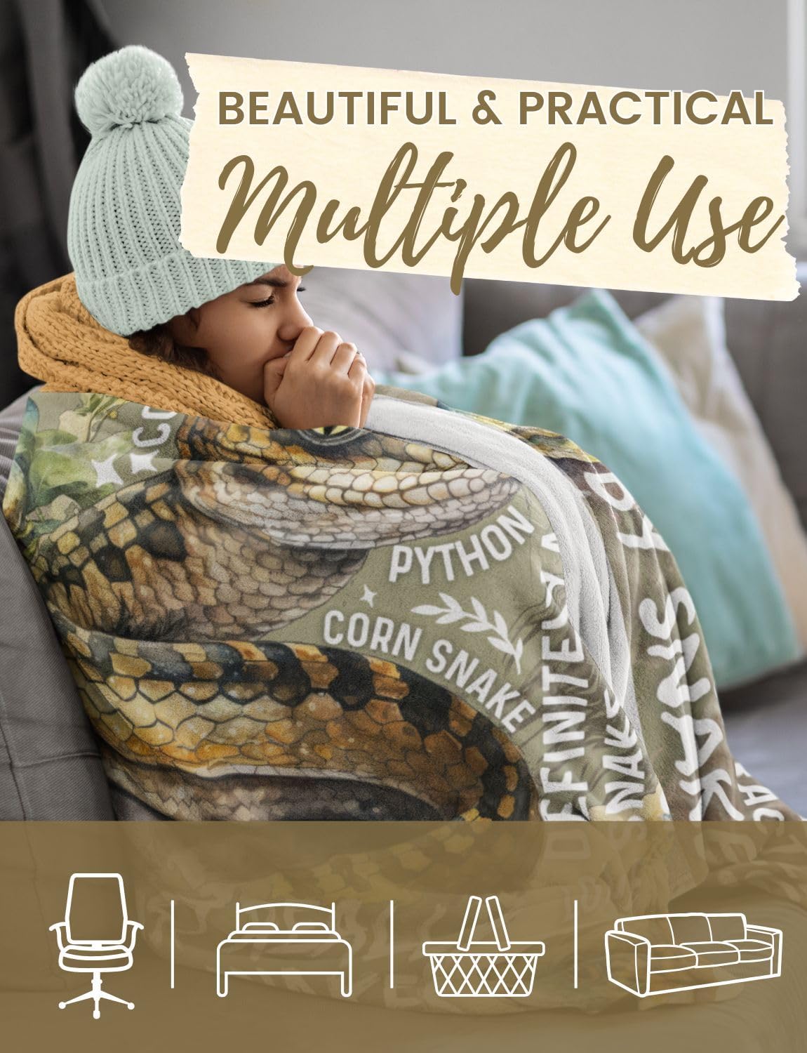 Snake Lovers' Gift: Cobra Blanket Throw, 50x65 Inches - Snakes as Spirit Animals