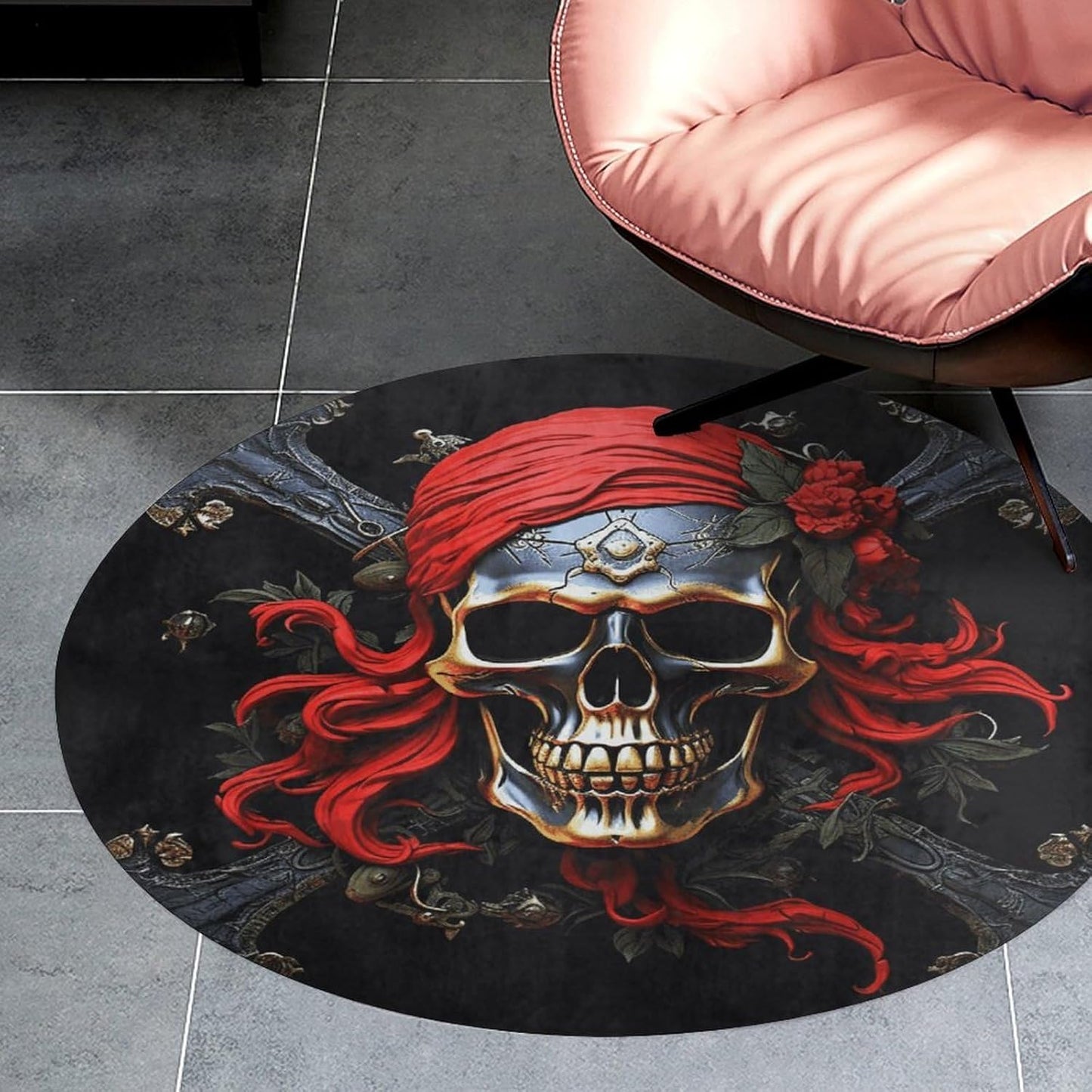 Pirate Skull Circle Rug Retro Luxury Coral Velvet Floor Mat Non Slip Soft Indoor Floor Carpet Comfy Thickened Area Rugs Modern Aesthetic Minimalist Carpets for Home Decor