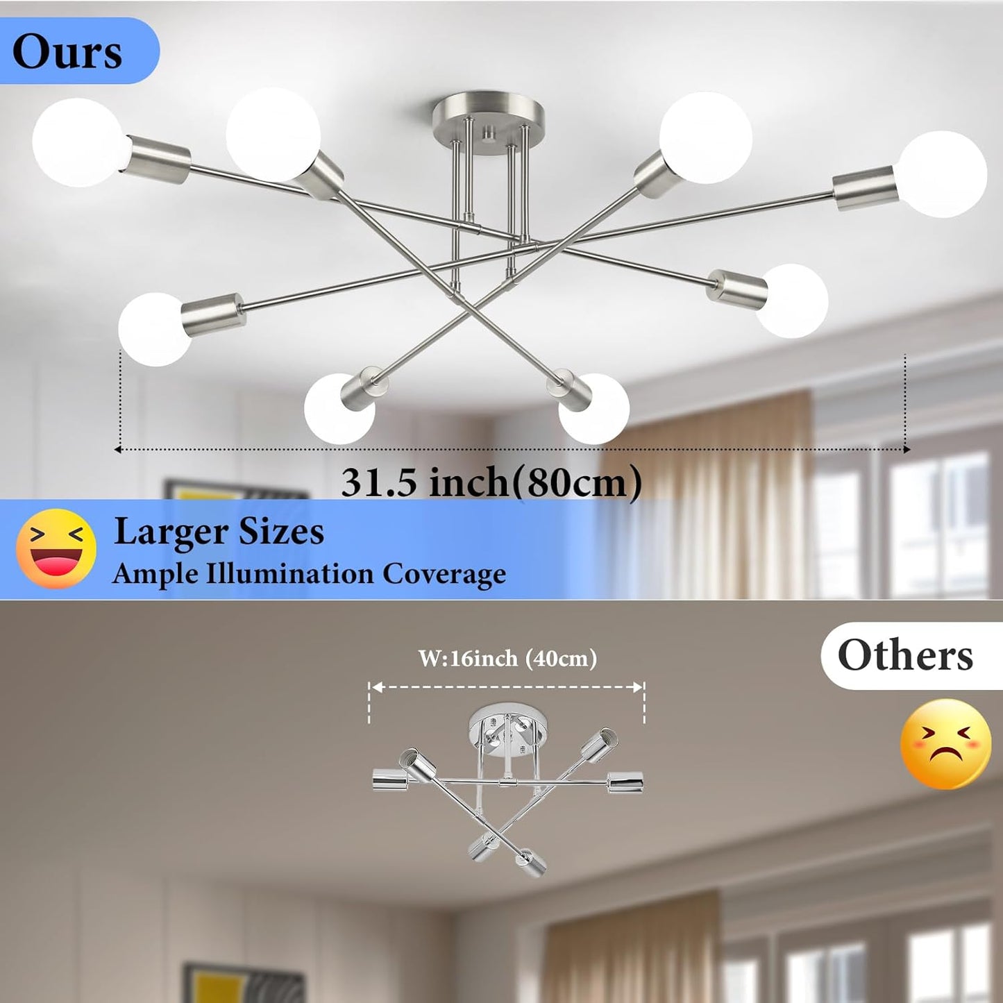 Modern Sputnik Chandelier 8-Light Industrial Ceiling Lights Fixture 32" Brushed Nickel Semi Flush Mount Ceiling Light with E26 Base Sputnik Lights Fixture for Dining Room Bedroom Hallway Living Room