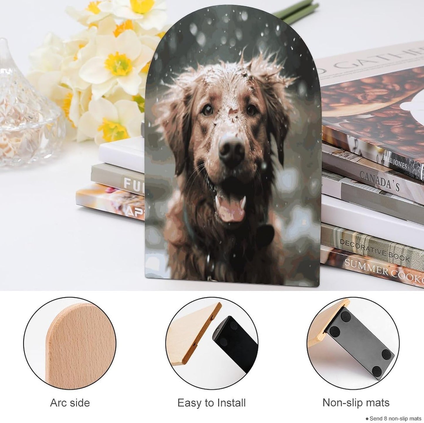 Non-Slip Bookend for Shelves Happy Dog in Rain Wooden Bookends with Metal Base Decorative Book Stopper for Home Heavy Duty Wood Book Storage for Books/CDs