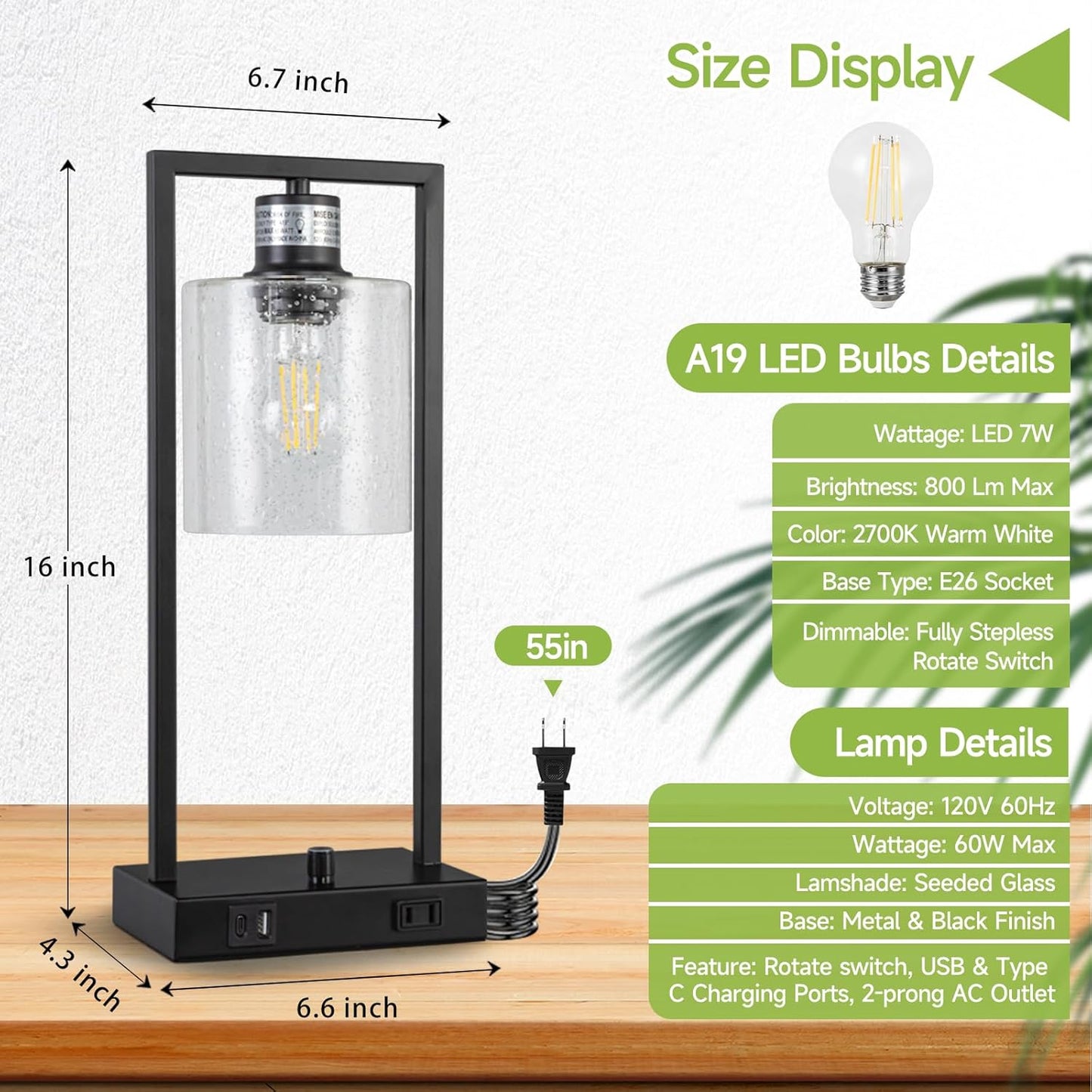 16" Set of 2 Industrial Table Lamps with USB A+C Charging Ports and AC Outlet, Fully Stepless Dimmable Bedside Lamps with Seeded Glass Shade for Bedroom Living Room Office, LED Bulbs Included