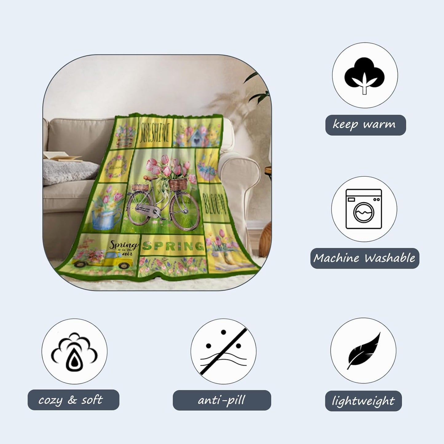 Spring Theme Decorative Throw Blanket Twin Farmhouse Bike Floral Blanket Couch Sofa Bed Soft Cozy Lightweight Fuzzy Fleece Blankets and Throws Cute Easter Flower Blanket 60x80