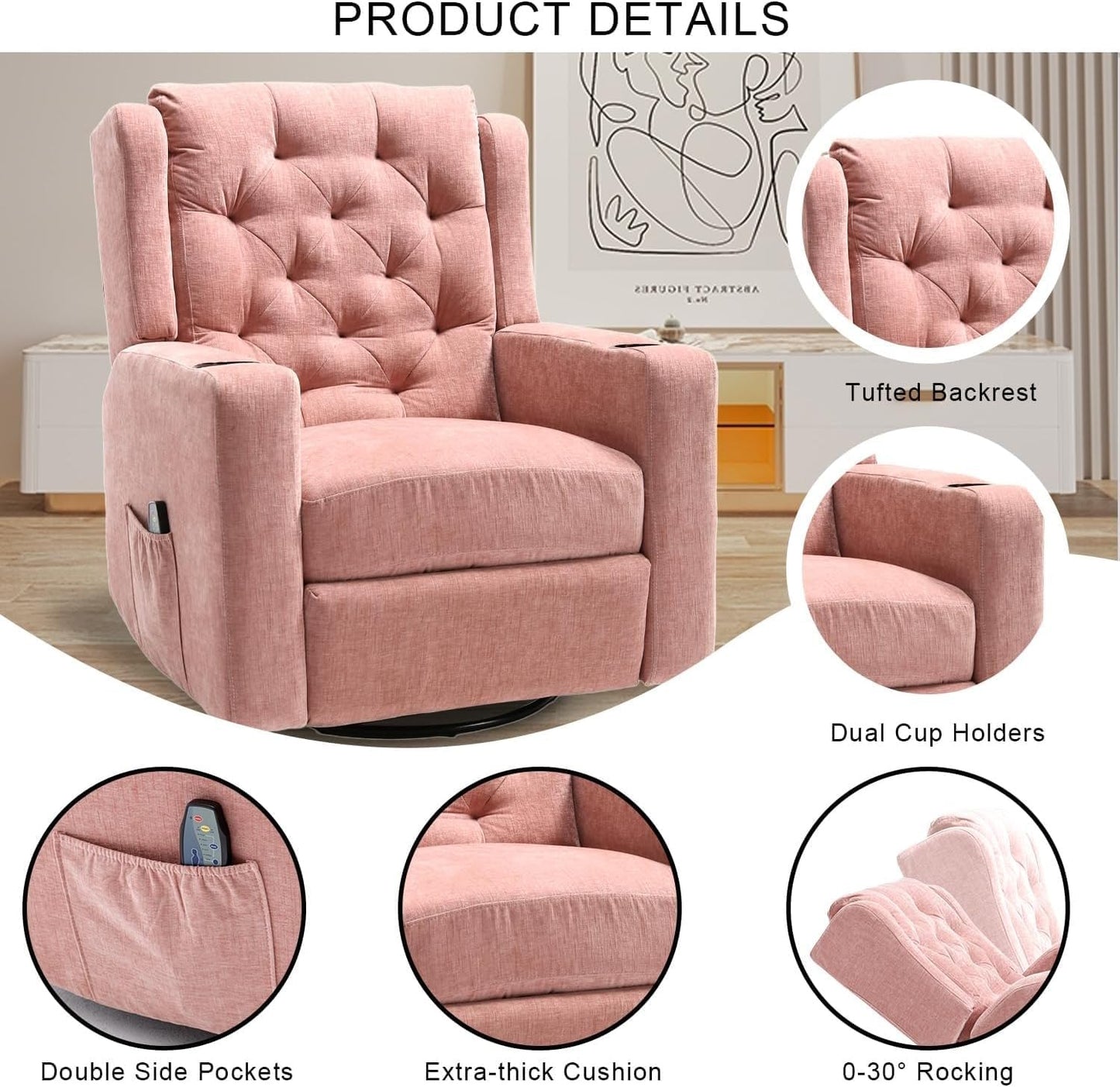 Oversized Massage Recliner Chair Wide Seat Fabric Reclining Swivel Manual Recliners Chairs with Cup Holder for Living Room Bedroom Home Theater