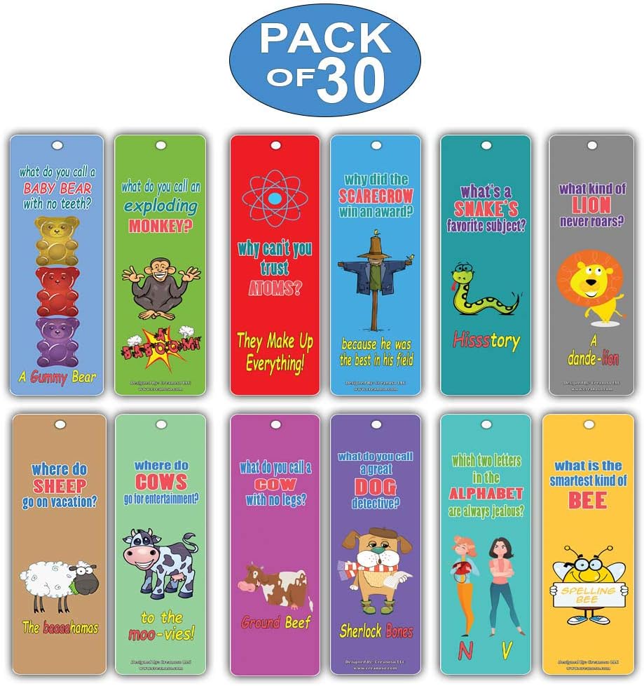 Creanoso Bookmarks Cards for Kids (30-Pack) - Hilariously Silly and Funny Jokes Series 2 - Excellent Party Favors Teacher Classroom Reading Rewards and Incentive Gifts for Young Readers