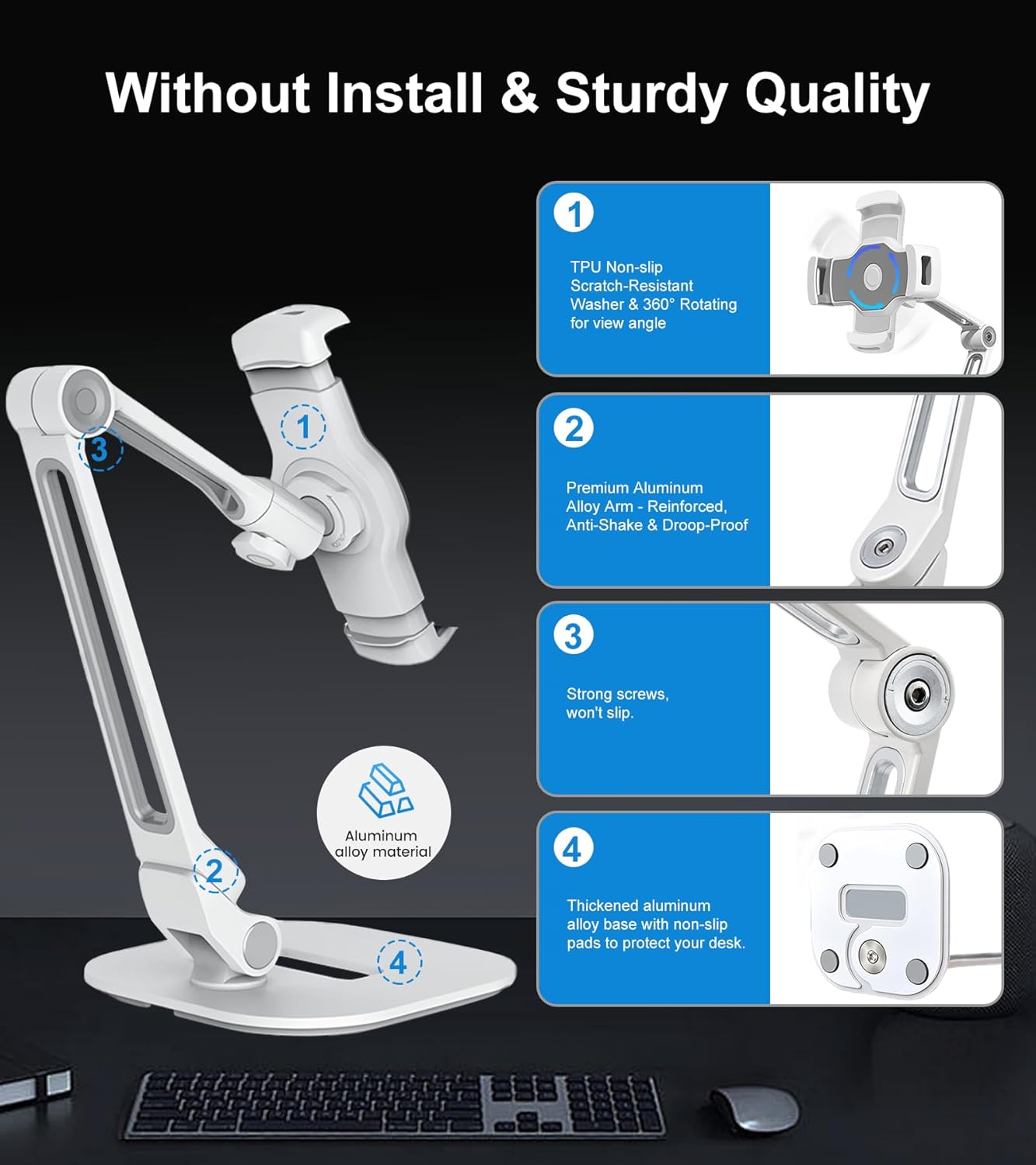 Adjustable Desk Tablet Stand, 360° Swivel iPad Kiosk Stand Fits for 4.7"-12" iPad Air mini Pro, iPhone, Samsung POS, Kindle, Aluminu Alloy Foldable Arm Holder for Store Kitchen Desktop, White