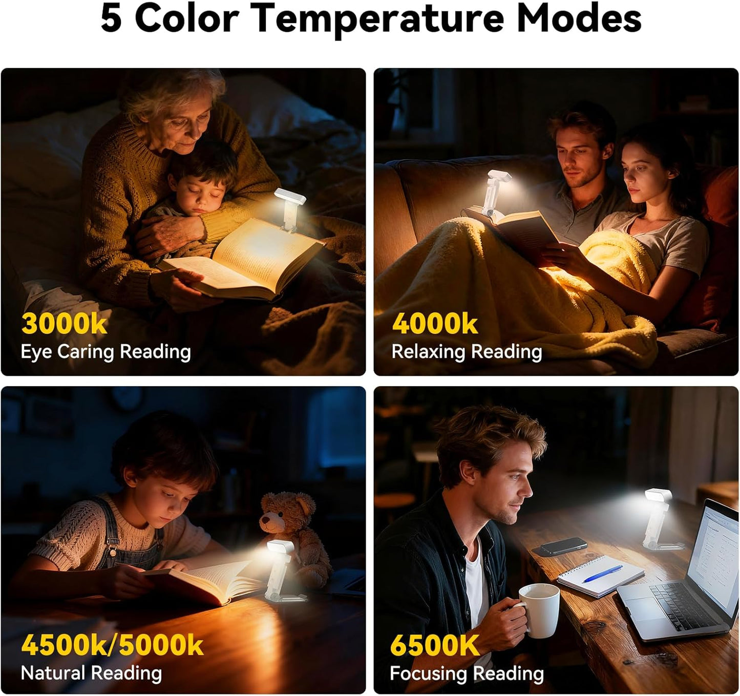 TechRise Book Light, 12 LED Clip-on Reading Light for Books in Bed, Rechargeable Reading lamp, Eye-Caring with Timer, 5 Color Temps & 6 Brightness, 80+ Hrs, Perfect for Kids, Book Lovers, Rectangular
