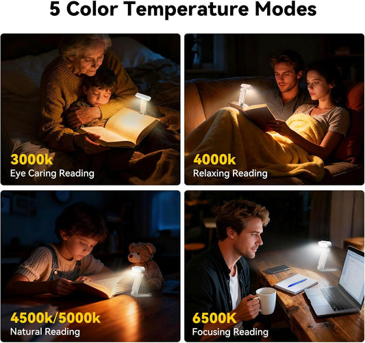TechRise Book Light, 12 LED Clip-on Reading Light for Books in Bed, Rechargeable Reading lamp, Eye-Caring with Timer, 5 Color Temps & 6 Brightness, 80+ Hrs, Perfect for Kids, Book Lovers, Rectangular