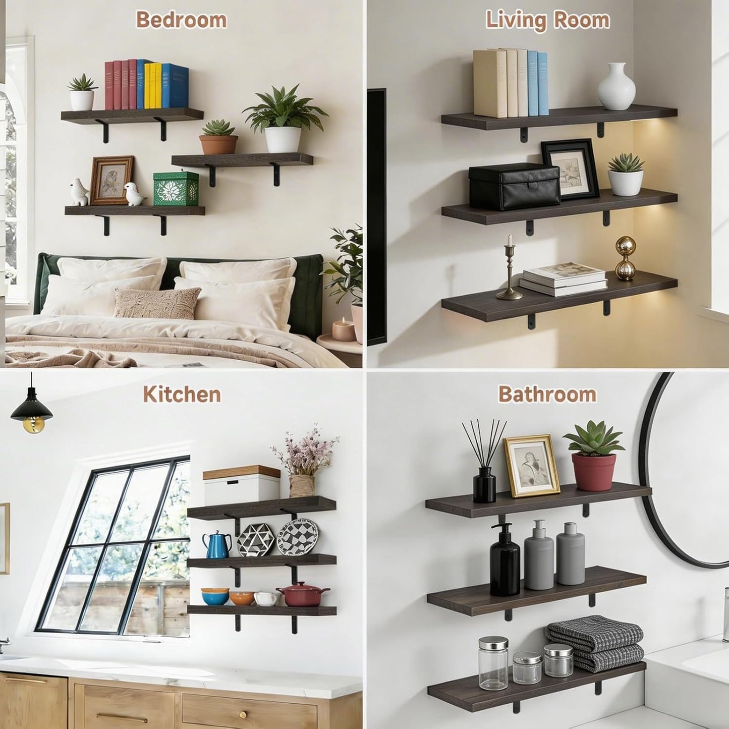 LifetimeWarranty Easy Install Wall Shelves with Brackets,15.7 Inch Wall Mounted Wood Floating Wall Shelf, Small Wall Shelf for Storage&Home Decor, Living Room,Kitchen,Office,Book Corner Shelf,Set of 3