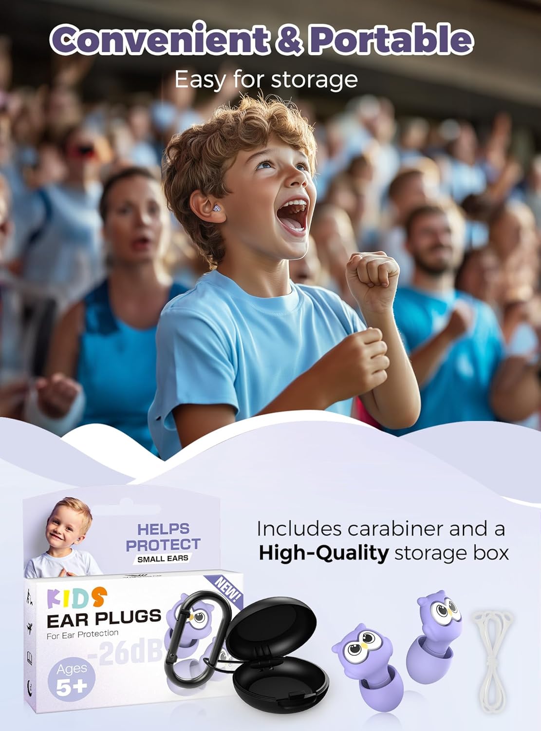 Kids Ear Plugs for Ear Protection Kids 5+, Adults & Small Ears, 4 Sizes Silicone Tips with Safety Cord, 26dB Noise Reduction Earplugs for School, Airplane, Travel, Concerts & Noise Sensitivity