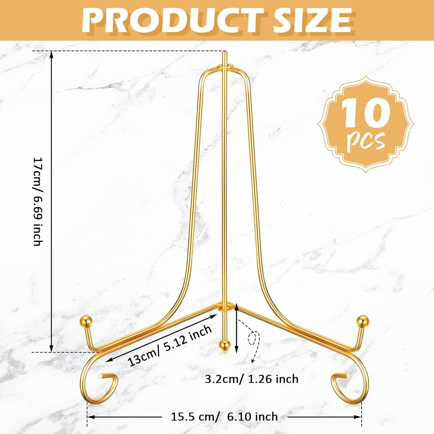 10 Pack 8 Inch Iron Plate Stands for Display, Plate Holder Display Stand, Gold Easel Stands for Photo, Picture Frame, Decorative Plate, Dish, Book and Tabletop Art (Gold, 8 Inch)