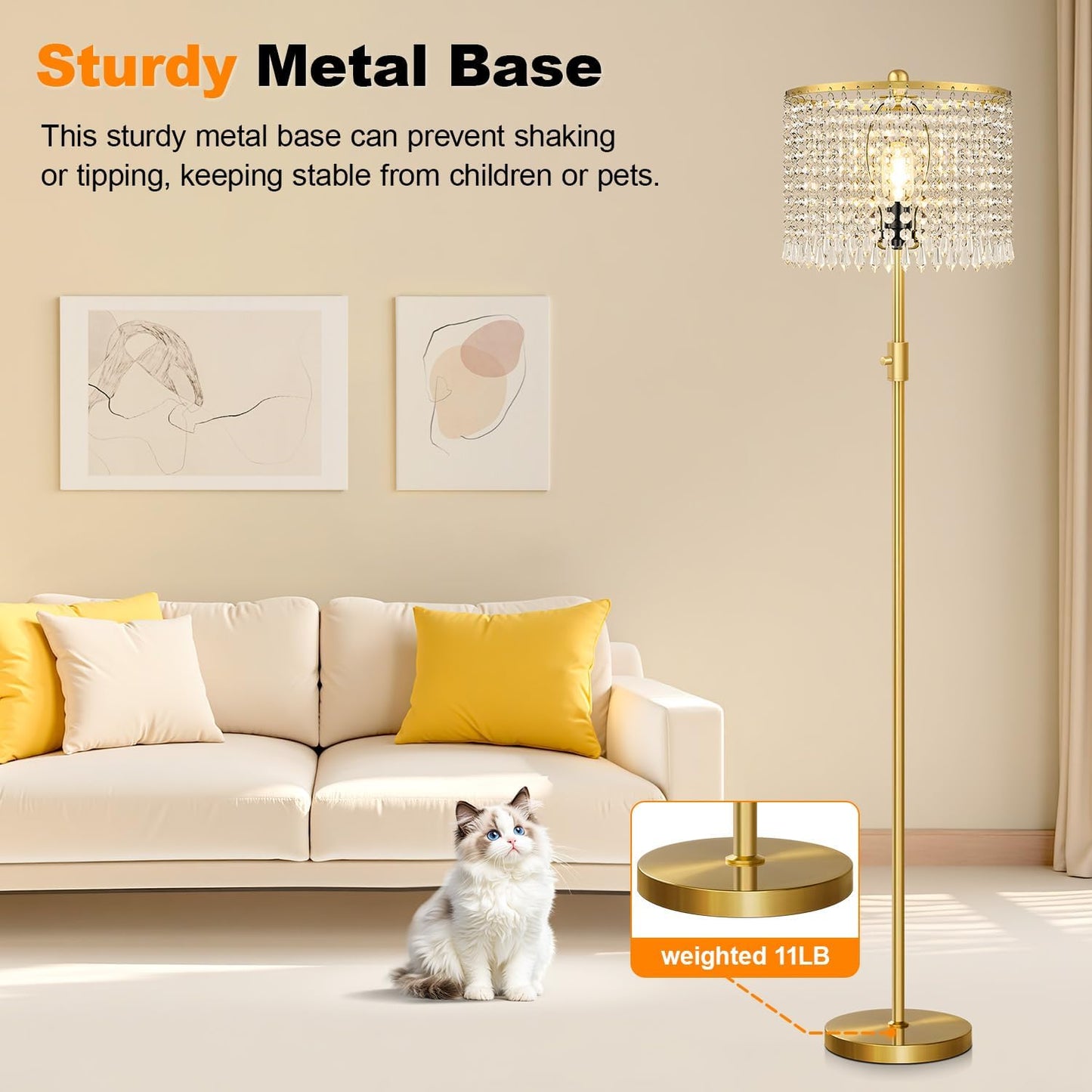 【Upgraded】 Dimmable Crystal Floor Lamps for Living Room, 1000LM LED Bulb Included, Standing Lamp with Knob Switch, Tall Gold Pole Light for Bedroom Nursery Office Corner Reading