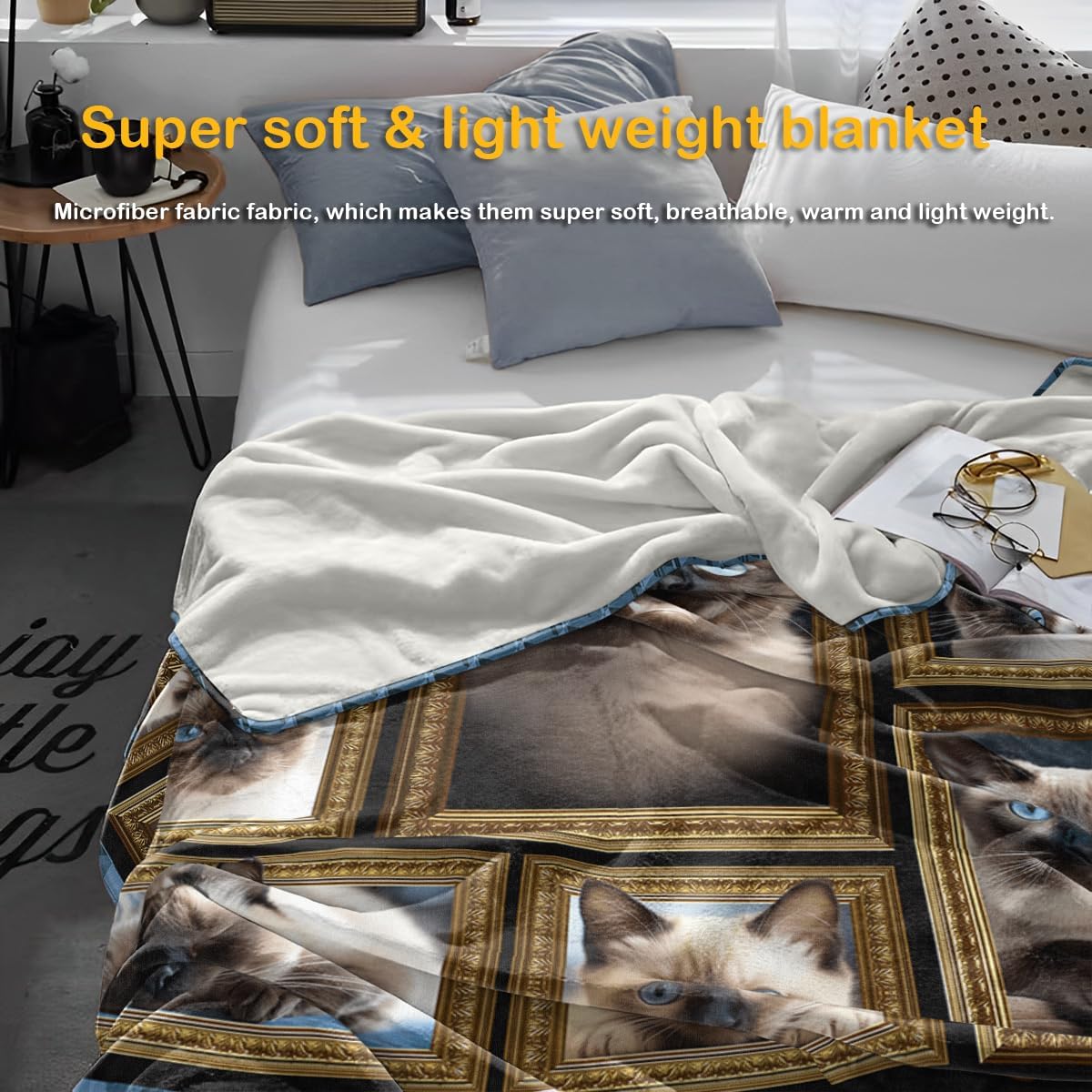 Siamese Cat Blanket Gifts for Women Men, Cozy Fuzzy Soft Throw Blanket for Couch Bed Travel Lightweight Plush Flannel Fleece Blankets and Throws for Sofa Chair Camping Car, Twin Size 60" X 80"