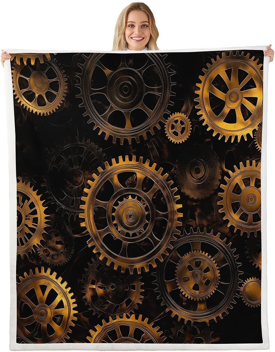 Erosebridal Golden Ndustrial Gear Fuzzy Blanket Steampunk Style Throw Blanket Clocks Theme Bed Blanket for Boys Men Mechanical Device Fleece Blanket Twin Warm Flannel, Black