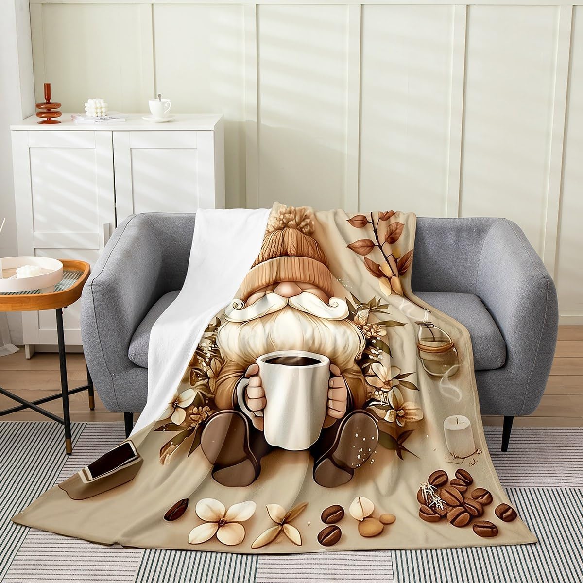 Erosebridal Gnome Fleece Throw Blanket Twin 60x80 Inch Coffee Dwarf Flannel Blanket for Boys Girls Cartoon Cup Floral Beans Brown Grey Lightweight Microfiber Room Decor