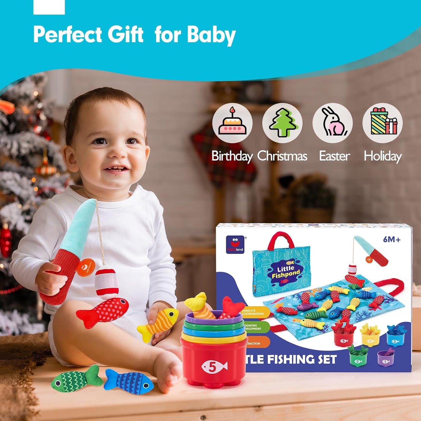 hahaland Montessori Toys for 1 Year Old Boy Girl Birthday Gift - 10 in 1 Cloth Fishing Game Easter Basket Stuffers for Toddler Toys 1-3 with Stacking Cups - Number Counting, Color Sorting Learning
