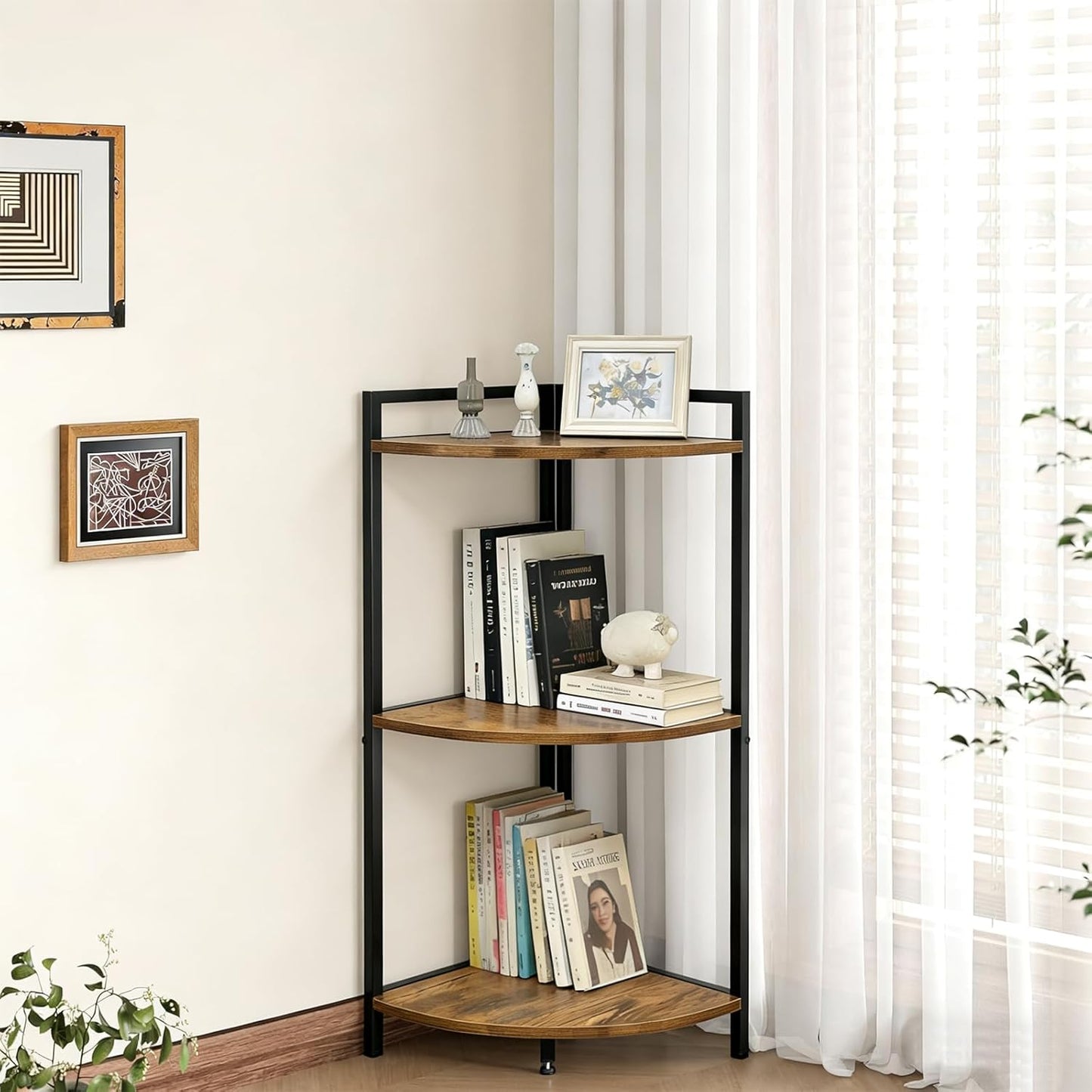 Corner Shelf 3 Tier Small Bookshelf Display Storage Stand with Metal Frame for Bathroom Bedroom Kitchen Living Room Home Office