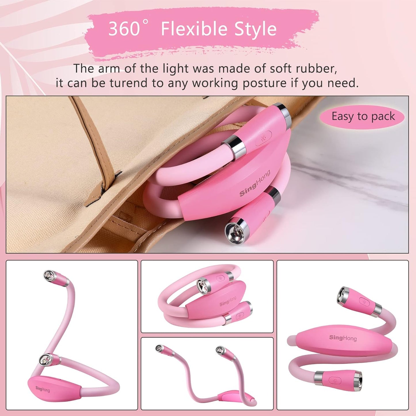 Neck Book Light, LED Reading Lamp, USB-C Rechargeable, Hands Free, 4 LED Bulbs, 4 Adjustable Brightness, for Reading in Bed or Reading in Car Lamp (Pink)