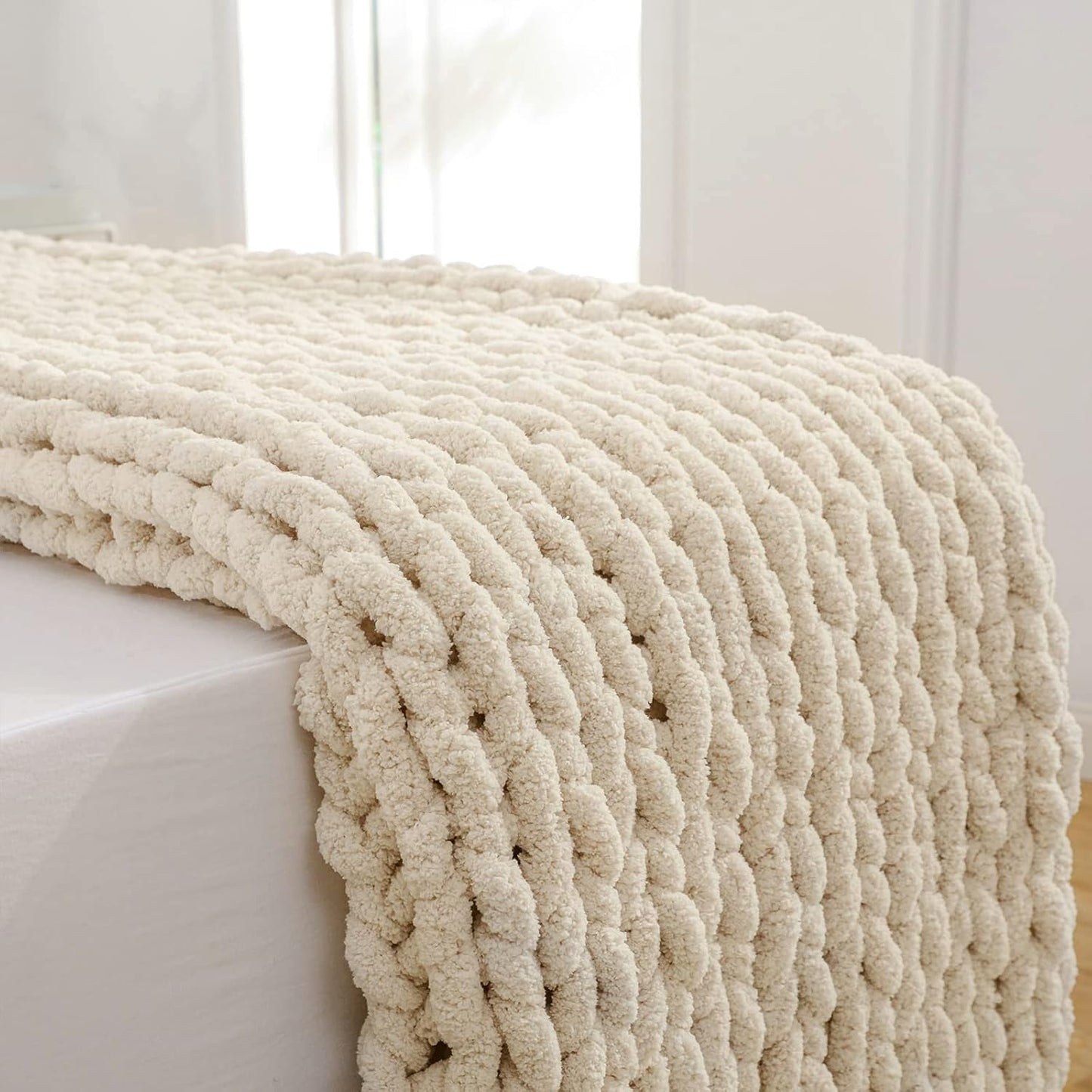 YAAPSU Chunky Knit Throw Blanket for Couch, 51"x63", 100% Hand Knitted Thick Cable Knit with Cozy Jumbo Chenille Yarn, Soft Large Rope Knot Crochet Blankets for Sofa Bed Living Room Décor, Beige