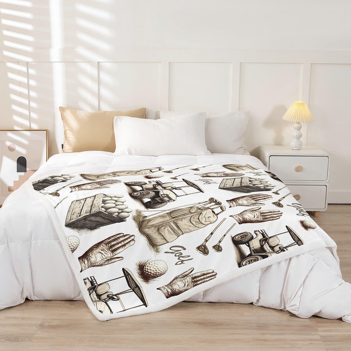 Golf Theme Bed Blanket,Golf Club Throw Blanket Kids Boys Teens Adults Home Room Decor,Ball Sports Sketch Style Retro Fleece Blanket,Ball Games Vintage Car Fuzzy Blanket,for Chair/Sofa,40"×50"
