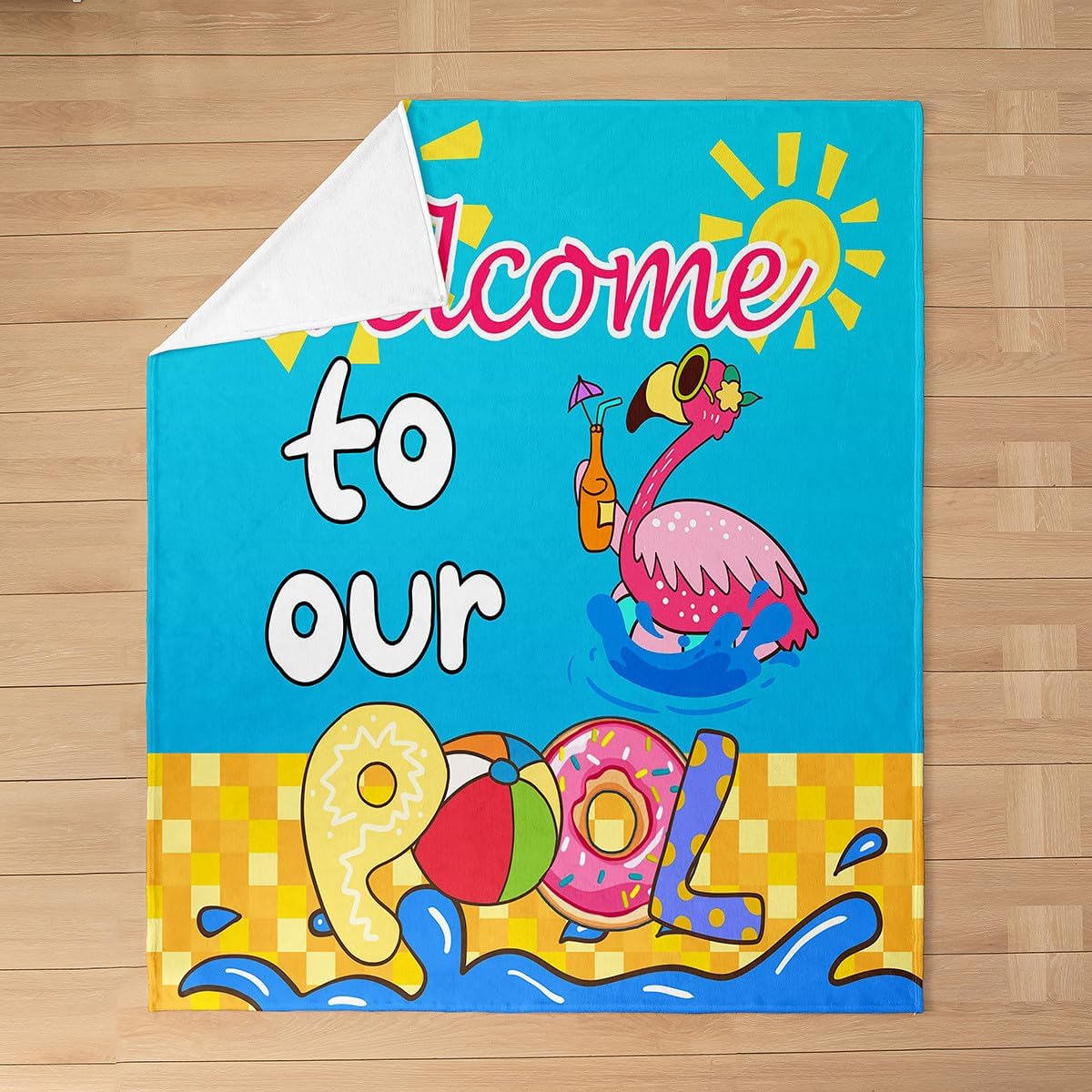 Hawaii Summer Flannel Blanket,Cartoon Flamingo Tropical Animal Swimming Pool Throw Blanket,Geometric Grids Cozy Throws for Bed Couch Sofa,Blue Soft and Breathable,Throw Size (50 x 60 Inches)