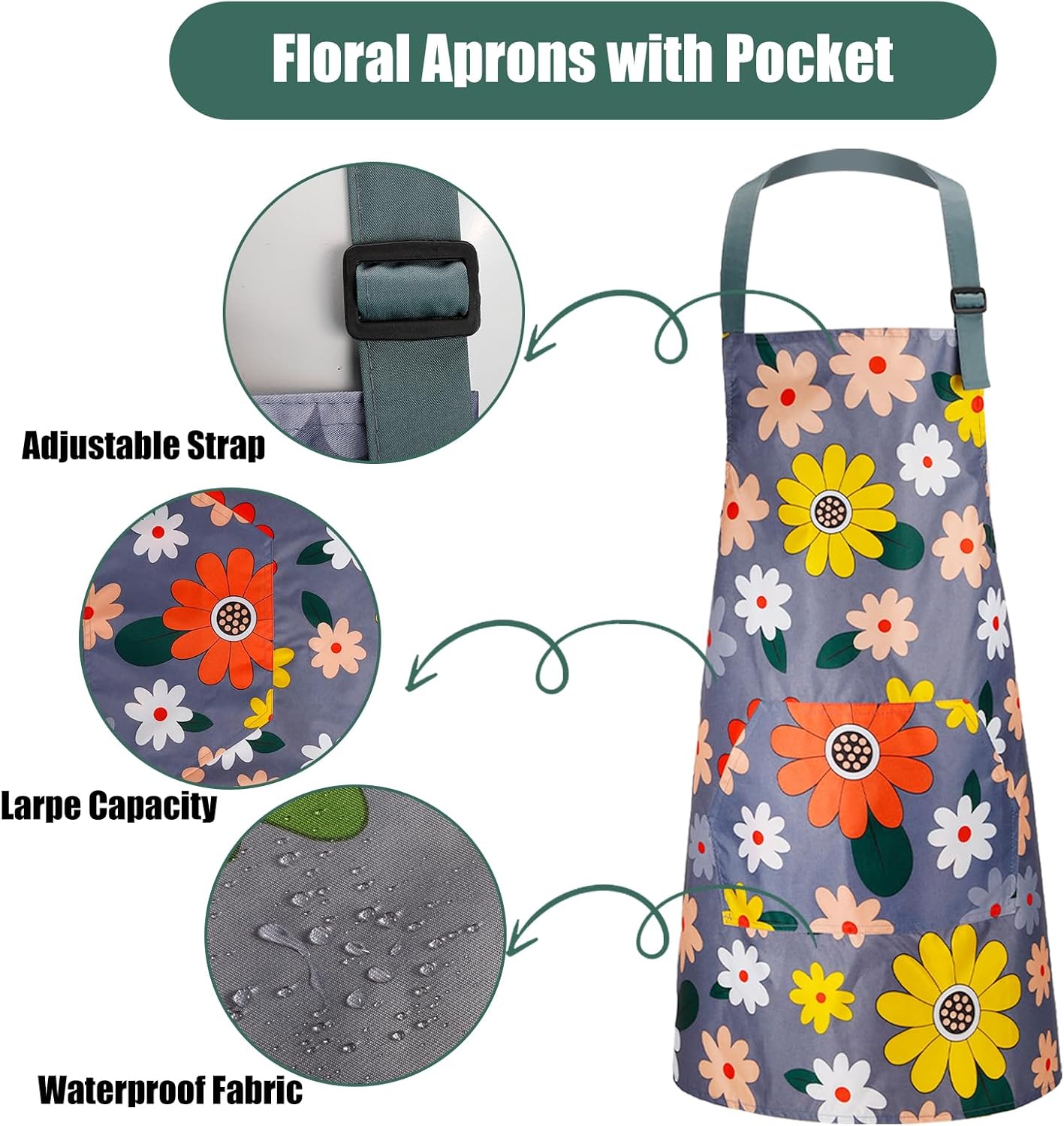 Jeffbaubl 4 Pack Floral Aprons with Pocket, Adjustable Cooking Aprons, Waterproof Aprons for Women, Kitchen Aprons with Pockets for Cooking Gardening Baking Salon