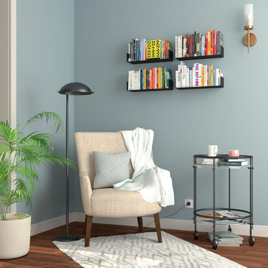 Wallniture Bali Black Floating Shelves for Wall, CD DVD Storage Shelves and Metal Bookshelf Set of 4