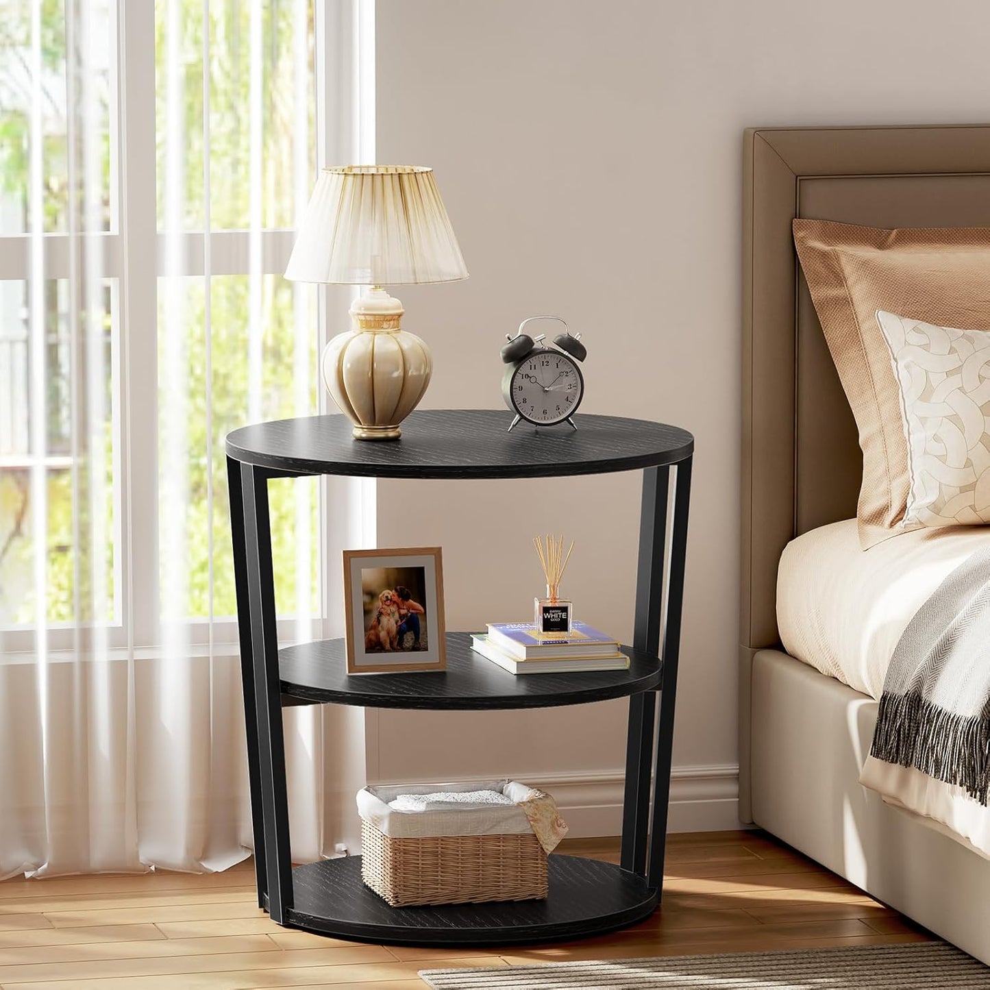 Round Side Table, 3-Tier Rotating Side Table, Big Shelf End Table Living Room with Lazy Susan, Nightstand for Small Spaces Living Room Bedroom Sofa, Pure Black