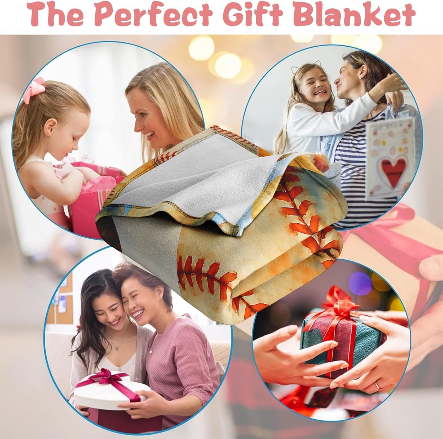 Baseball Throw Blanket 50x60 - Soft Flannel Fleece, Boys Sports Room Decor, Cozy Kids Couch & Bed Gift, Watercolor Red Stitching