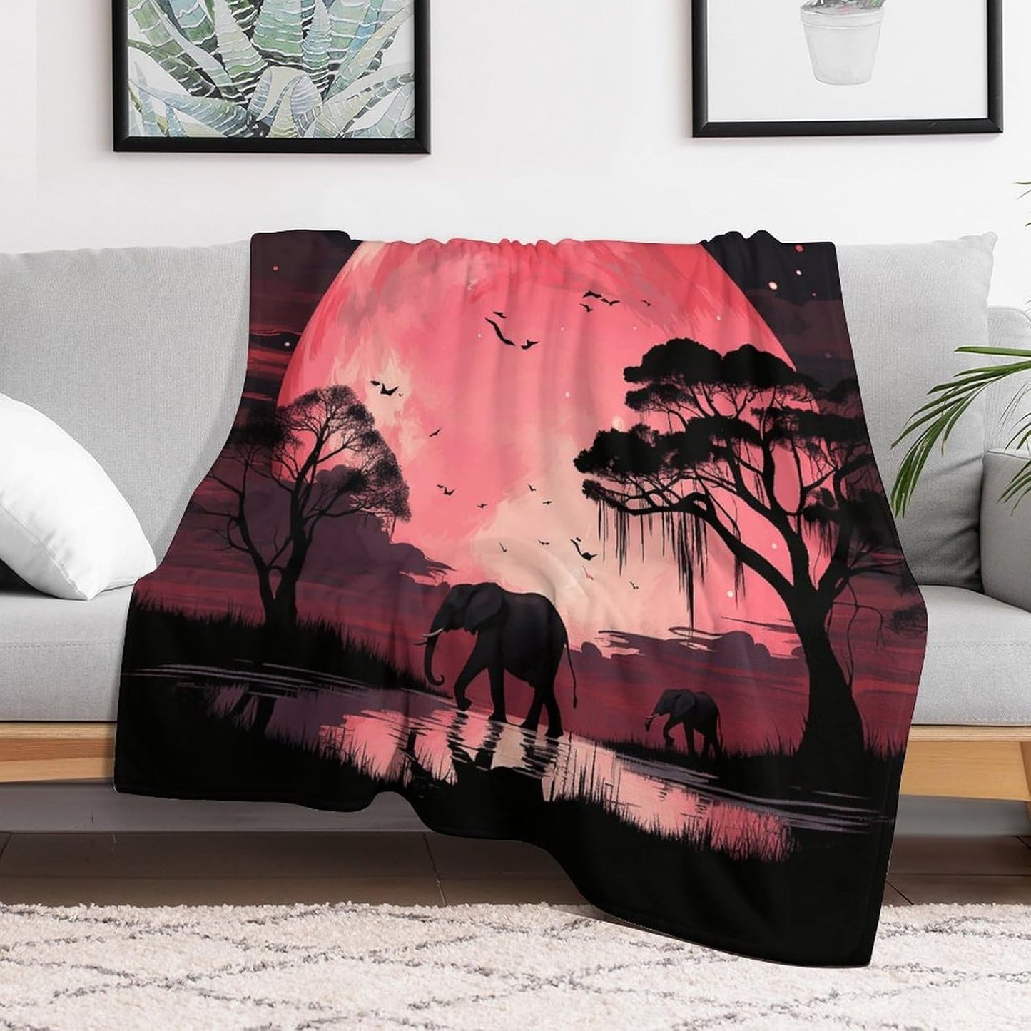 Pink Moon Elephant Throw Blanket for Couch Super Soft Warm Lightweight Throw Blankets Cozy Flannel Bed Blanket Cute Decorative Blankets for All Seasons Home Decor Gift 60"*80"（150 * 200cm）