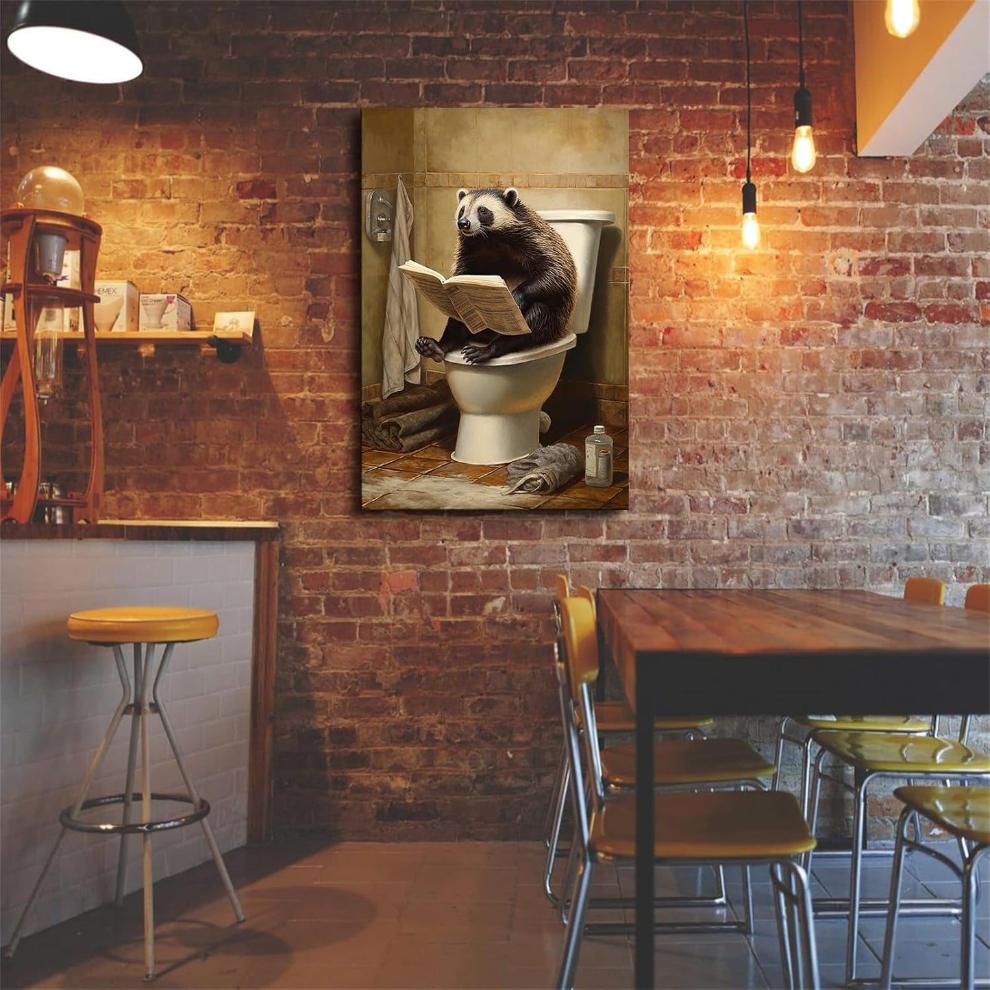 Funny of Animal Honey Badger Sitting on Toilet and Reading Newspaper Posters Modern Aesthetic Canvas Wall Art Home Interior HD Decorative Painting Holiday Gift (20×30inch-Unframed)