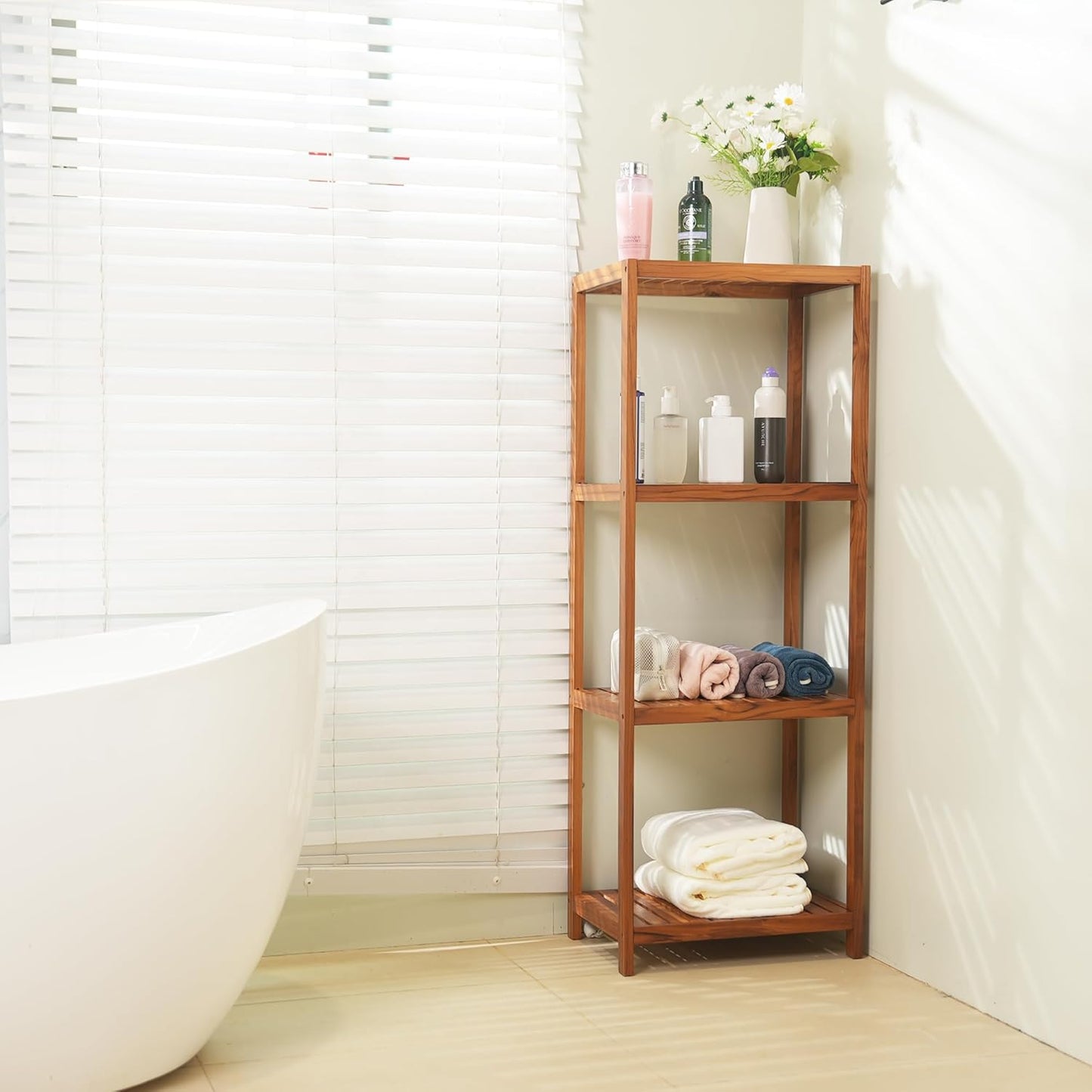 VaeFae Teak Bathroom Shelf, 4-Tier Storage Shelf, Wooden Stand Shelf Organizer for Bathroom, Kitchen, Living Room, Laundry, Garage