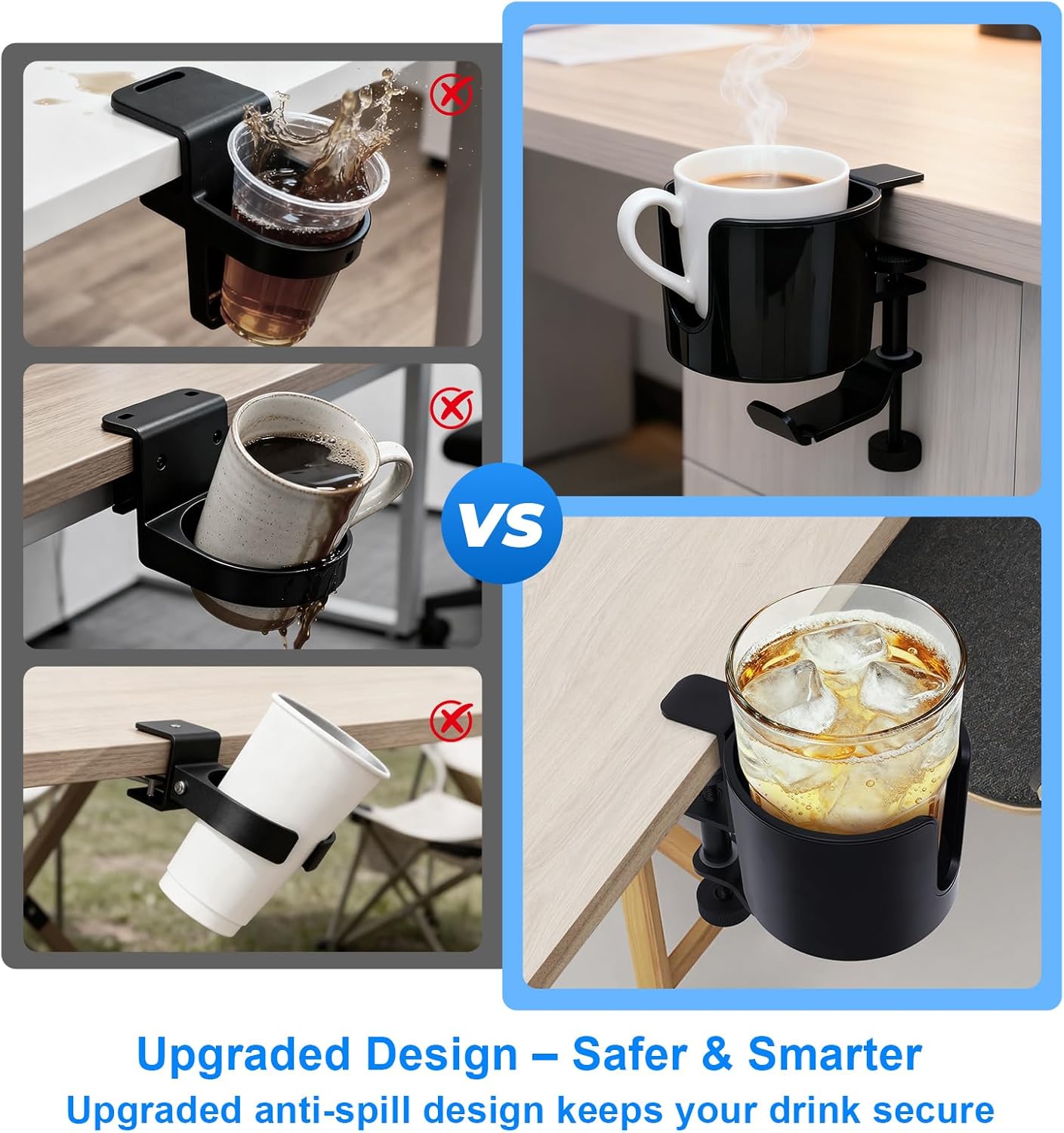 Clamp-On Desk Cup Holder with 360° Rotating Hook – Anti-Spill Drink Holder with No-Scratch Silicone Pads, Fits Mugs & Tumblers – for Home Office, Gaming, Camping & Outdoor Tables
