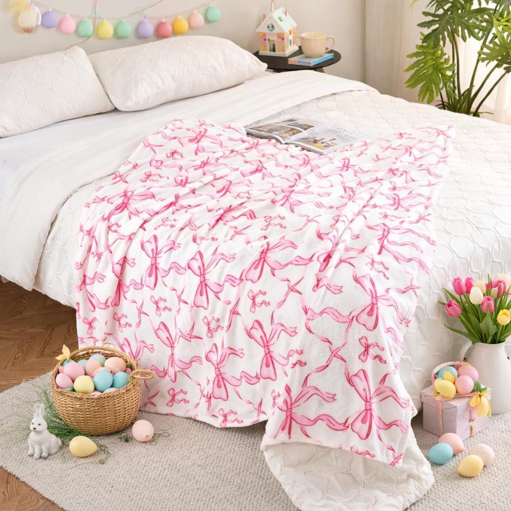 Pink Bow Throw Blanket –Easter Soft Fleece Blanket for Girls and Women, Coquette Aesthetic Room Decor for Bed, Couch, Chair, Preppy Bedroom or Gift, Cute Pink Bow Decor Blanket