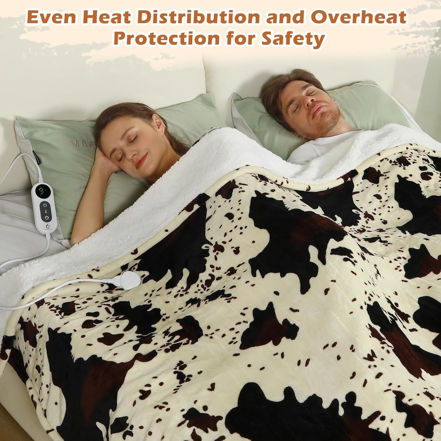 Heated Twin Blanket, 60"x80" Cow Print Electric Twin Heating Blanket, Cozy Soft Flannel Sherpa Heating Blankets with 9 Heat Levels & 2/4/8/12H Auto-Off
