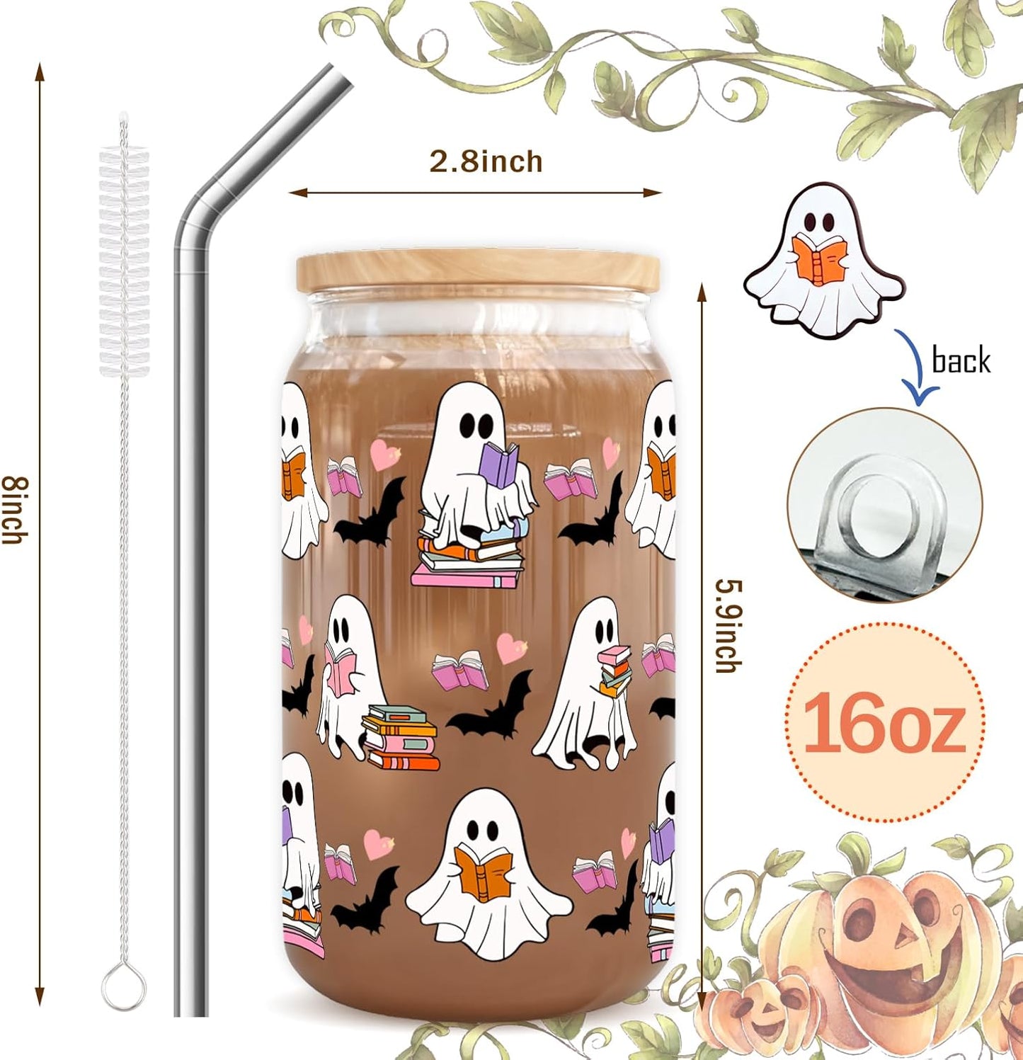 Halloween Gifts for Book Lovers Women Cute Halloween Ghost Reader Iced Coffee Cup with Lid and Straw 16oz Book Themed Bookworm Reading Gifts for Librarian Reader