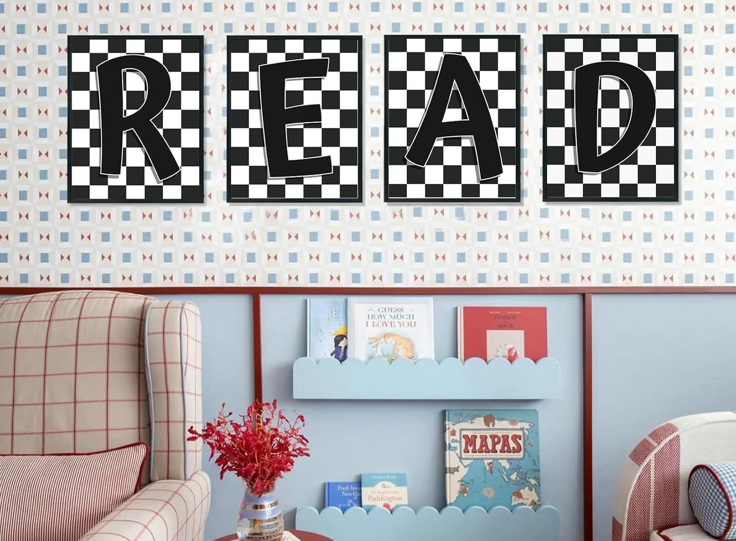 ULEGIE Checkered Reading Wall Art Decor Set of 4, Reading Posters for Classroom, Reading Corner Decor, Black and White Read Signs Prints for Kids Room Classroom Playroom Nursery, 12x16 Inch Unframed