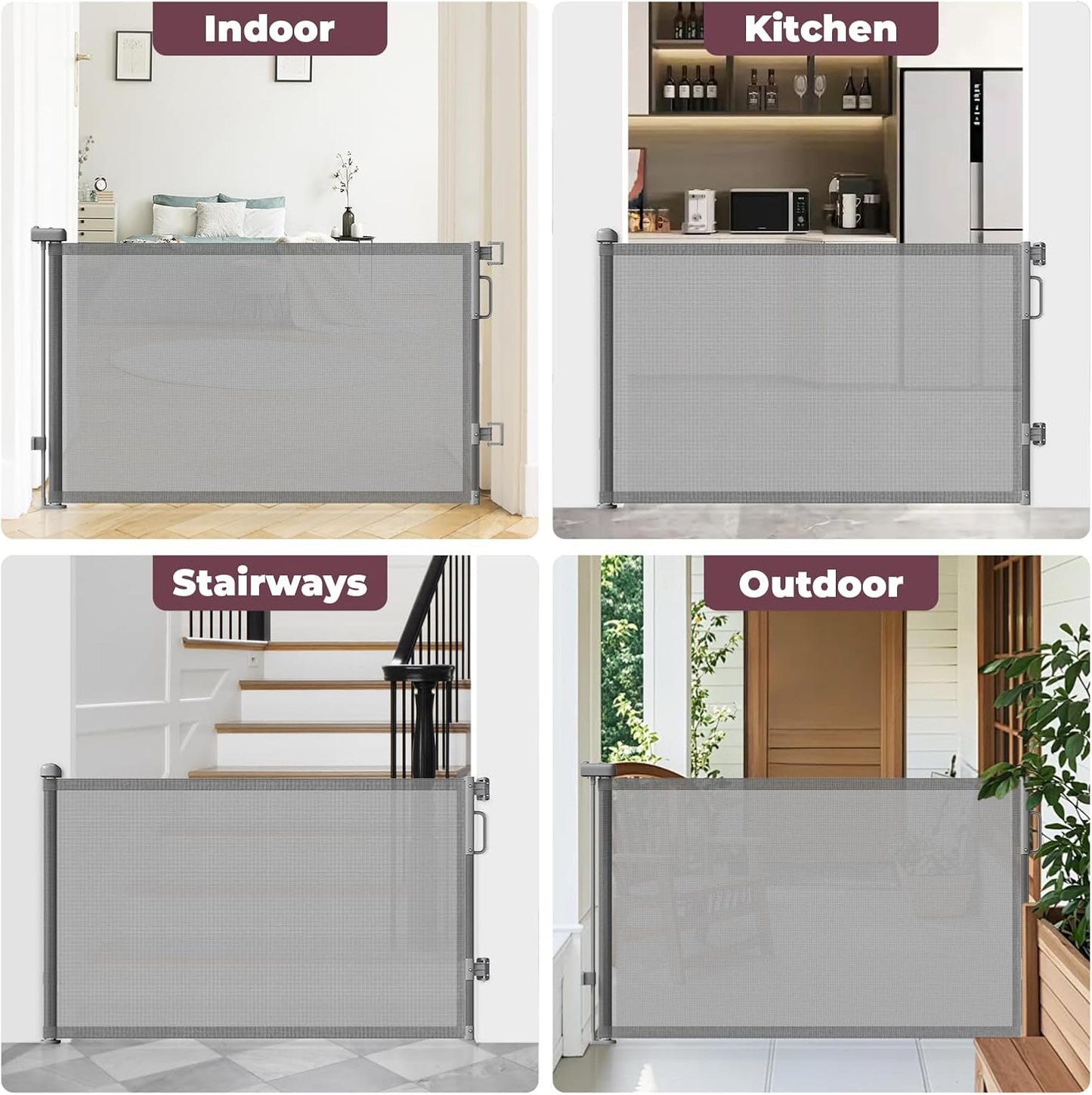 Retractable Baby Gate for Stairs, 55" Wide Mesh Dog Gate Indoor, 34" Tall Child Gate for Doorways, Hallways, Deck, Indoor Outdoor Pet Baby Safety Essentials for Home, Grey